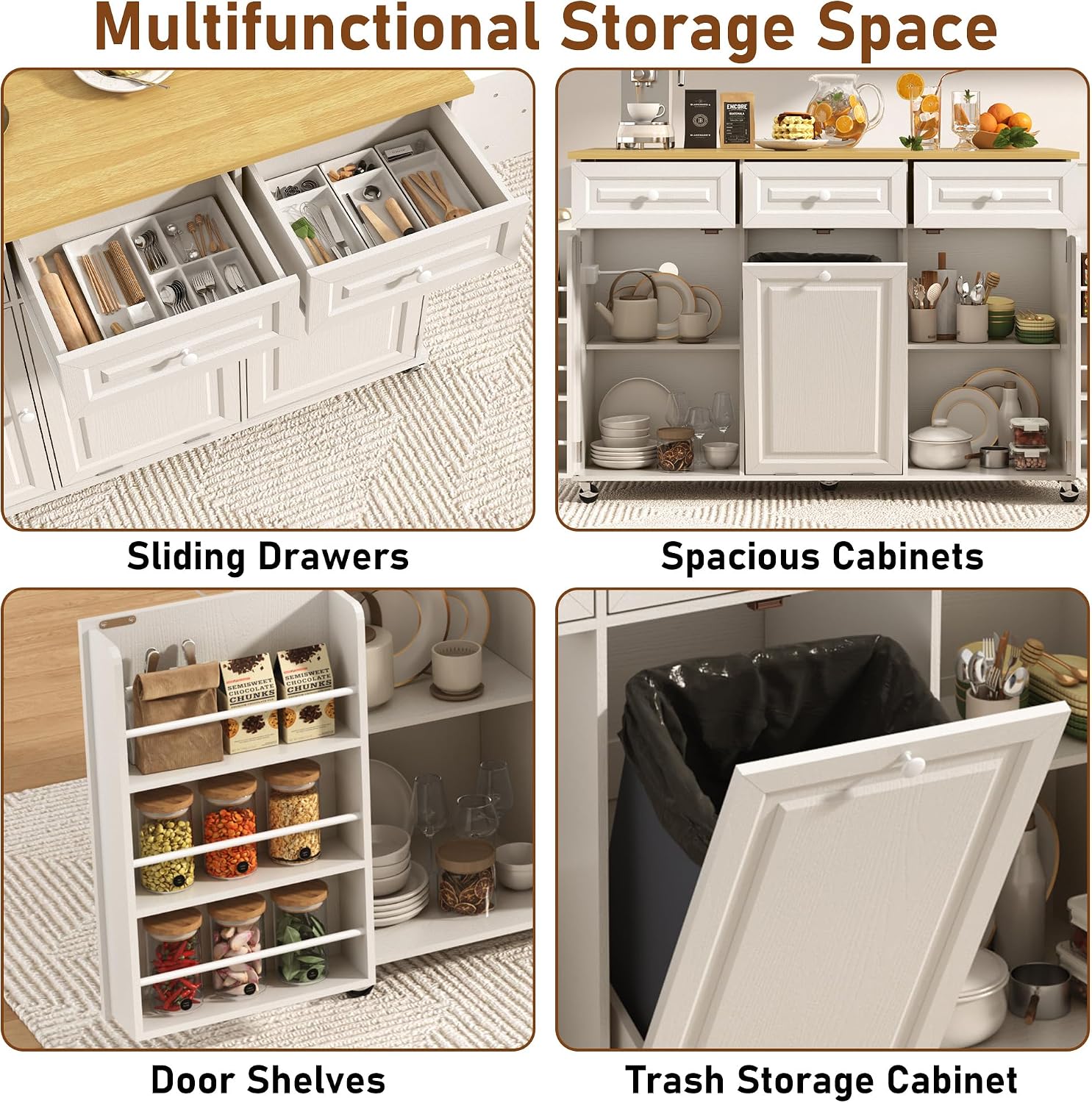 St.Mandyu 62 inch Rolling Kitchen Island with Power Outlet, Drop Leaf & Storage Cabinet - Mobile Cart with Hidden Trash Cabinet, Spice Rack, Shelves, and Towel Holder for Small Spaces,White