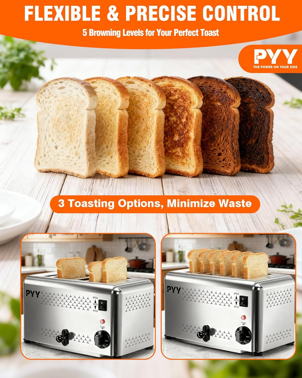 PYY Professional Commercial 6 Slice Toaster - 1800W Stainless Steel Heavy Duty Toaster, 6 Browning Levels, 1.1' Wide Slots, Removable Crumb Tray for Bagels Bread Waffles (Commercial & Home Use)