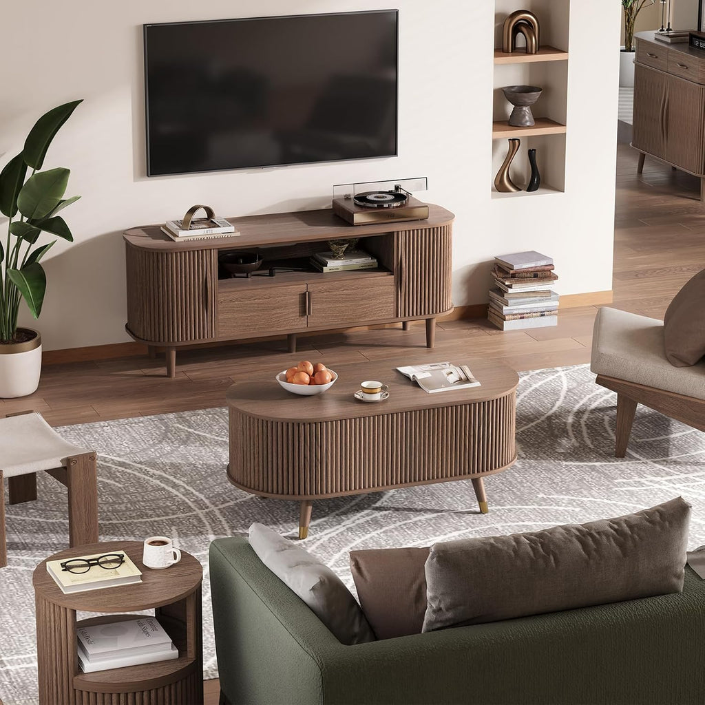 Oval Coffee Table with Storage, 42.5' Fluted Coffee Table with Lifting Top & Solid Wood Legs, Modern Lift Up Center Table for Living Room, Home Office, Walnut