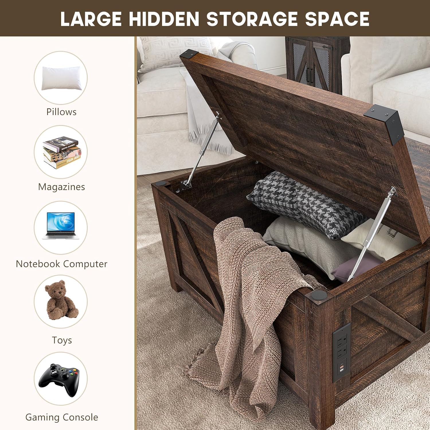 jimeimen Farmhouse Lift Top Coffee Table with Storage, Wood Square Center Table with Charging Station&USB Port, Living Room Table w/Large Hidden Space, for Living Room, Bedroom, Home Office, Brown