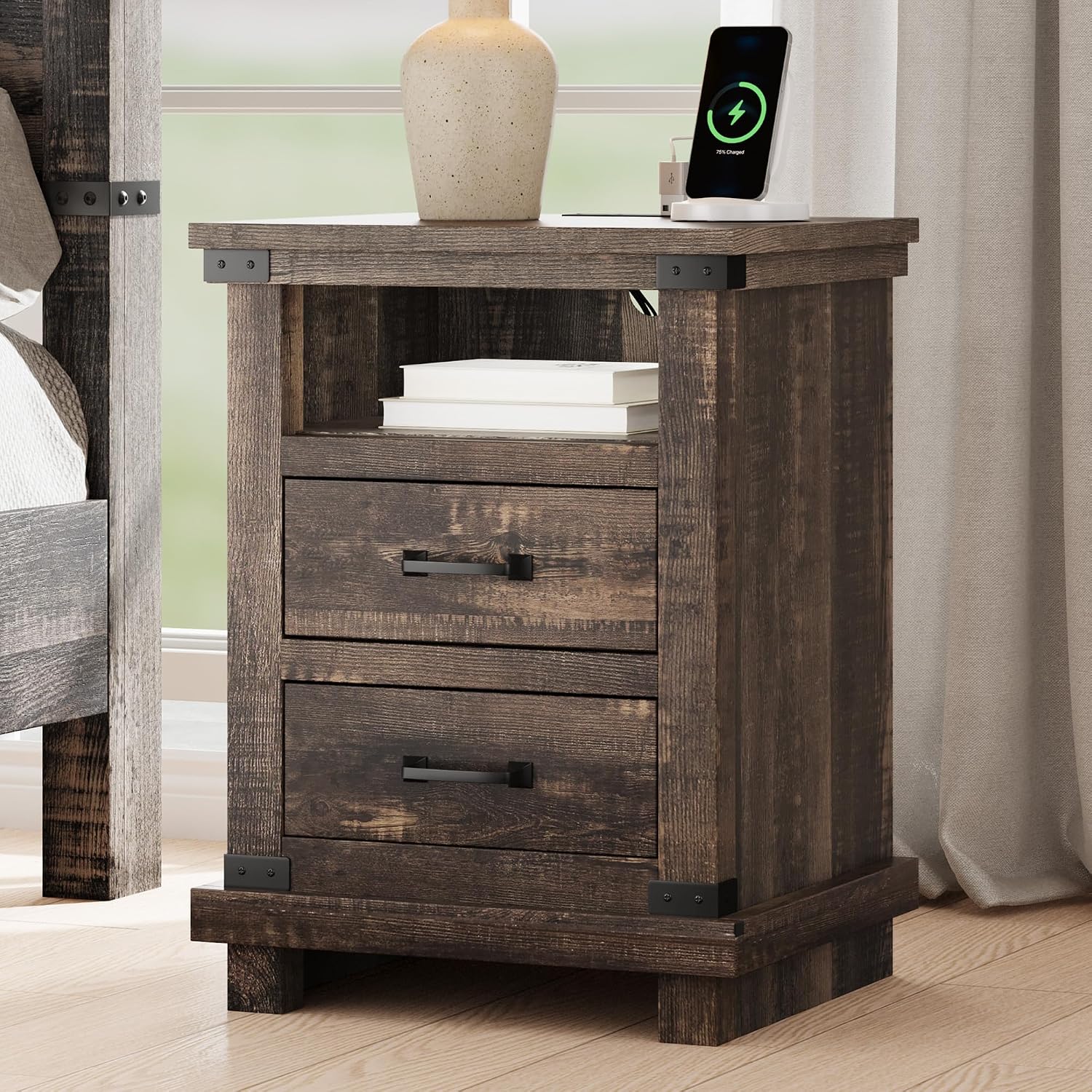 AMERLIFE Farmhouse End Table Set of 2, 18' Wood Night Stand with Charging Station & 2 Storage Drawers, Heavy Duty Bedside Nightstands for Bedroom, Living Room, Black Oak