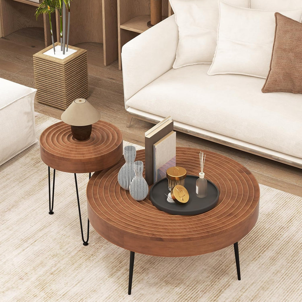 Giantex Boho Round Coffee Table Set of 2, Sofa Side Nesting Table with Solid Pine Wood Top, Metal Legs & Adjustable Foot Pads, 31.5' D Large Table Set for Living Room (Ring Pattern, Brown)