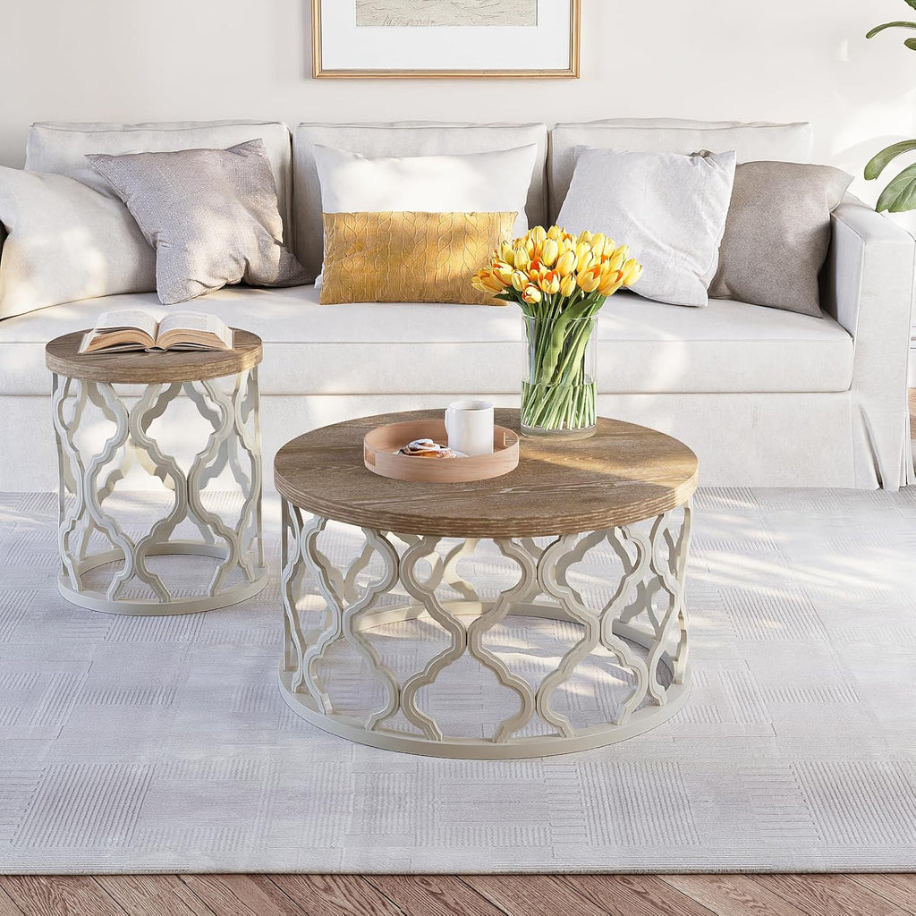 Farmhouse Coffee Table, French Country Round Coffee Table, Coastal Coffee Table with Distressed Top, Boho Center Table with Curved Motif Frame Base for Living Room, Dining Room, Bedroom, Cream Beige