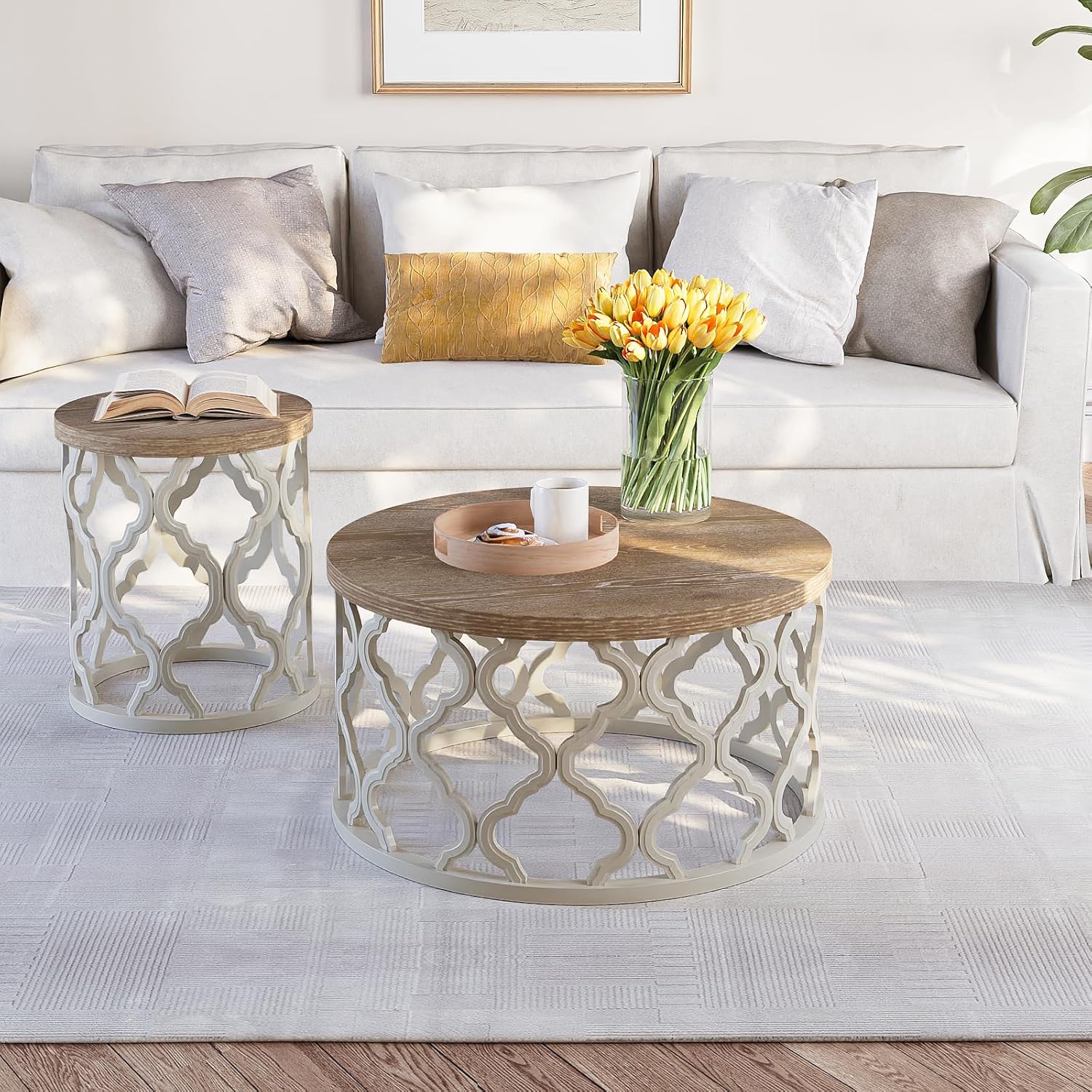 Farmhouse Coffee Table, French Country Round Coffee Table, Coastal Coffee Table with Distressed Top, Boho Center Table with Curved Motif Frame Base for Living Room, Dining Room, Bedroom, Cream Beige