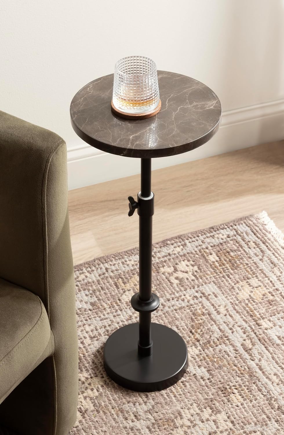 Kate and Laurel Engles Traditional Adjustable-Height Pedestal Drink Table, 10 x 10 x 30, Dark Emperador Marble and Black, Round Metal Mini Table for Indoor Plant Stand with Authentic Stone Tabletop