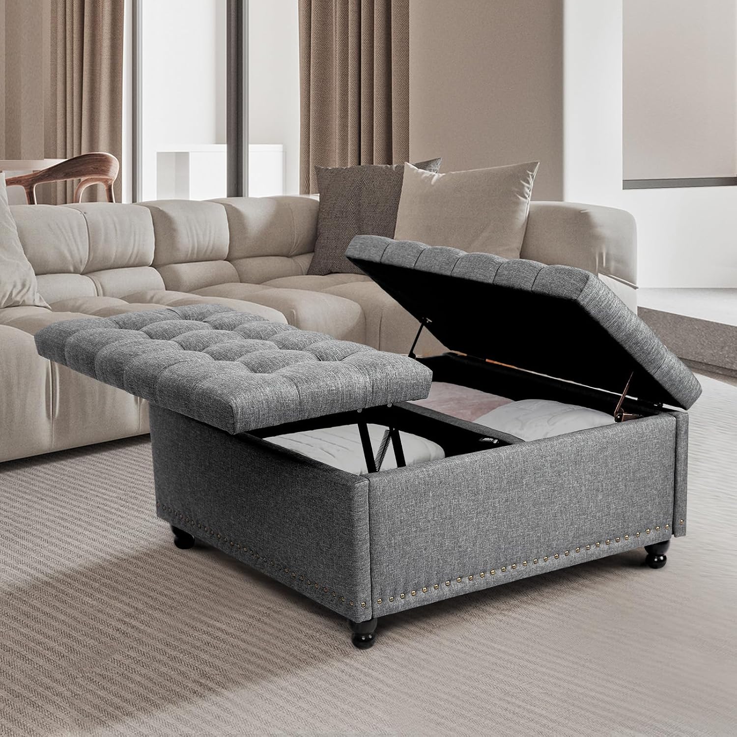 Redlife 35 Inch Large Square Storage Ottoman, Storage Ottoman Coffee Table with Lift Top Linen Ottomans Bench Square Footrest Oversized Upholstered Coffee Table for Living Room Bedroom (Dark Grey)