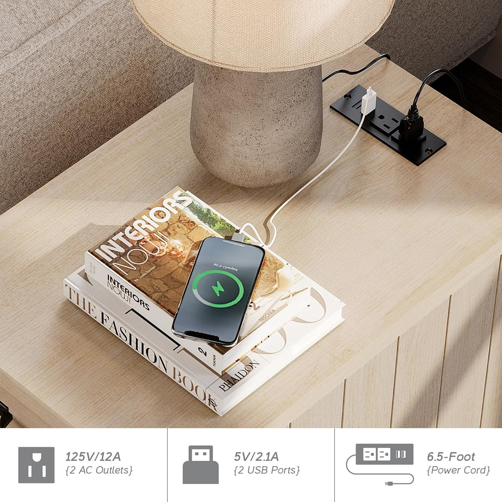 WAMPAT Beige End Table with Charging Station, Narrow Side Table with 1 Drawer &1 Storage Cabinet, Mid Century Modern Nightstand with Power Outlets & USB Ports for Living Room, Bedroom