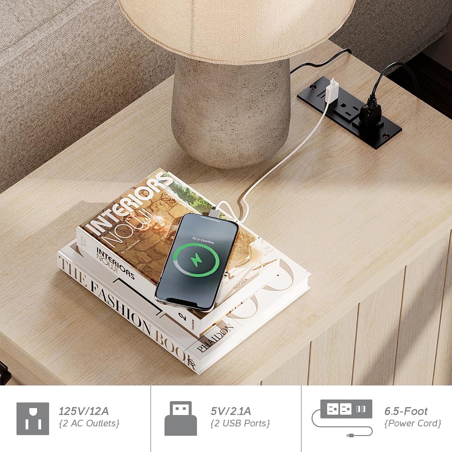WAMPAT Beige End Table with Charging Station, Narrow Side Table with 1 Drawer &1 Storage Cabinet, Mid Century Modern Nightstand with Power Outlets & USB Ports for Living Room, Bedroom