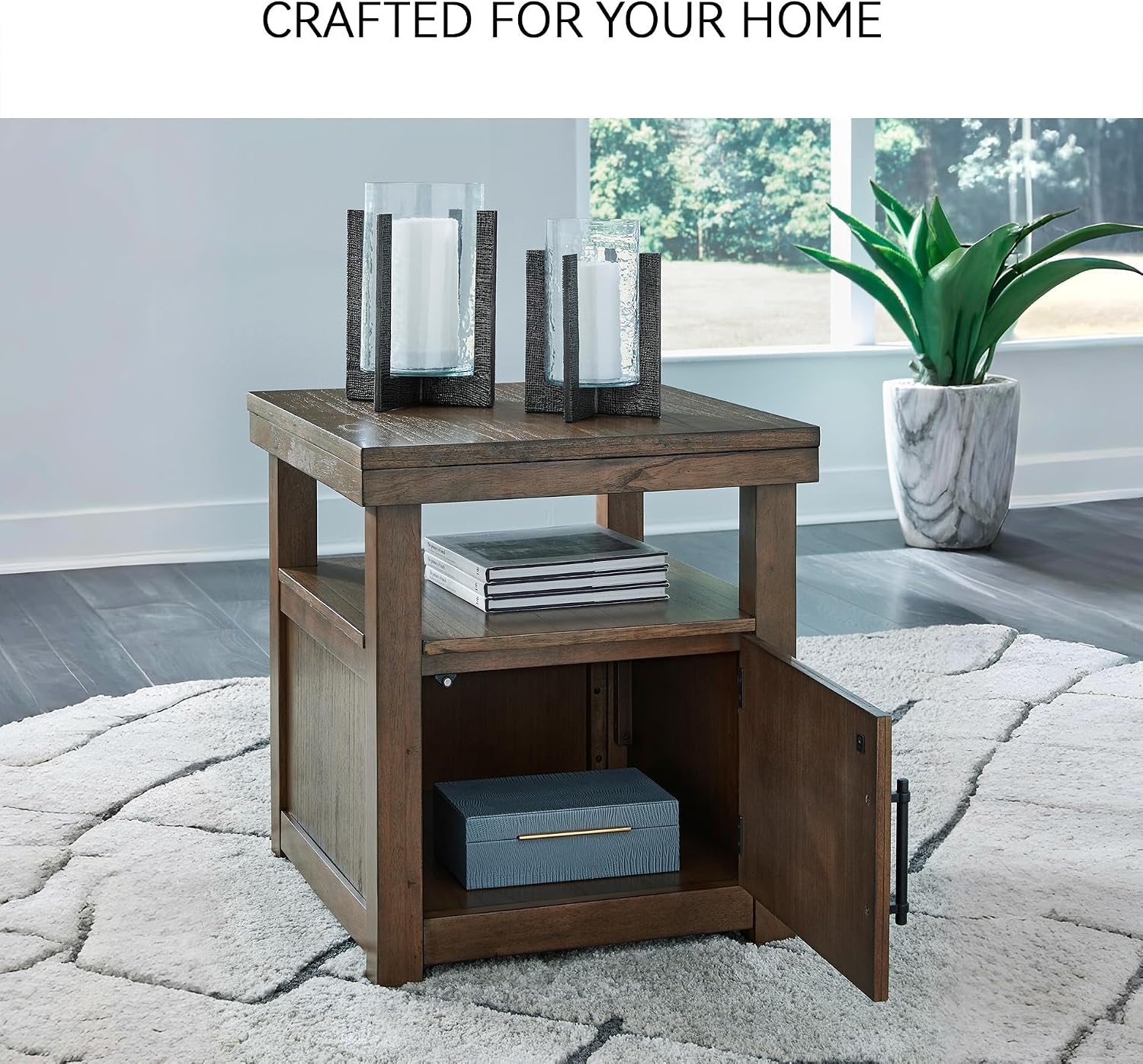Signature Design by Ashley Boardernest Casual End Table with 1 Open Shelf and 1 Cabinet, Dark Brown