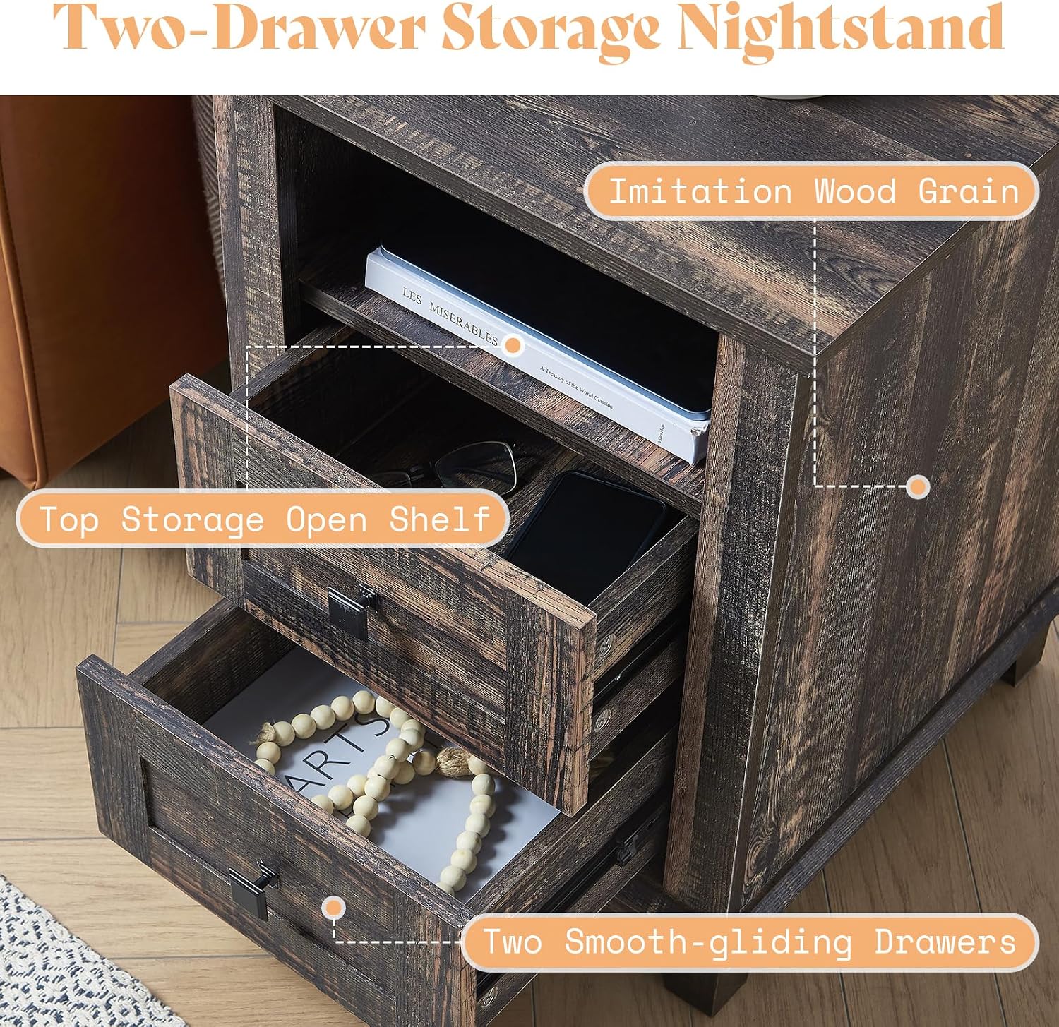 AMERLIFE 18' Farmhouse Nightstand Set of 2, End Table with Charging Station, with 2 Storage Drawers, Bedside Table with USB Ports, Rustic Oak Black