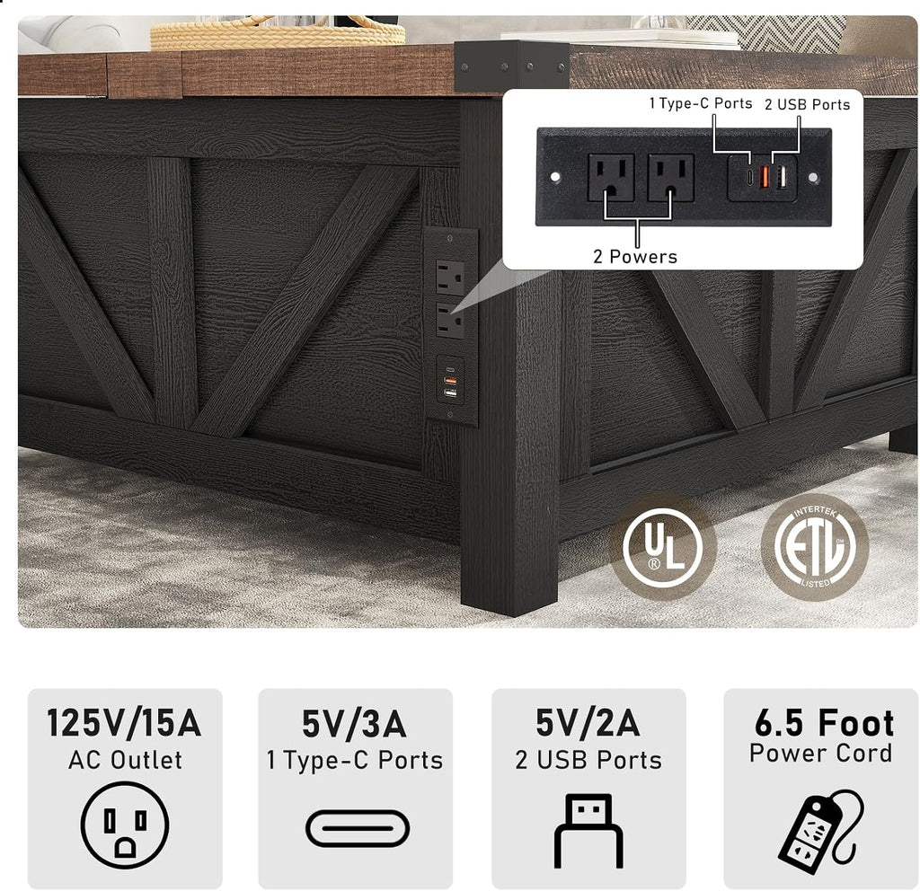 jimeimen Farmhouse Lift Top Coffee Table with Storage, Wood Square Center Table with Charging Station&USB Port, Living Room Table w/Large Hidden Space, for Living Room, Bedroom, Home Office, Black