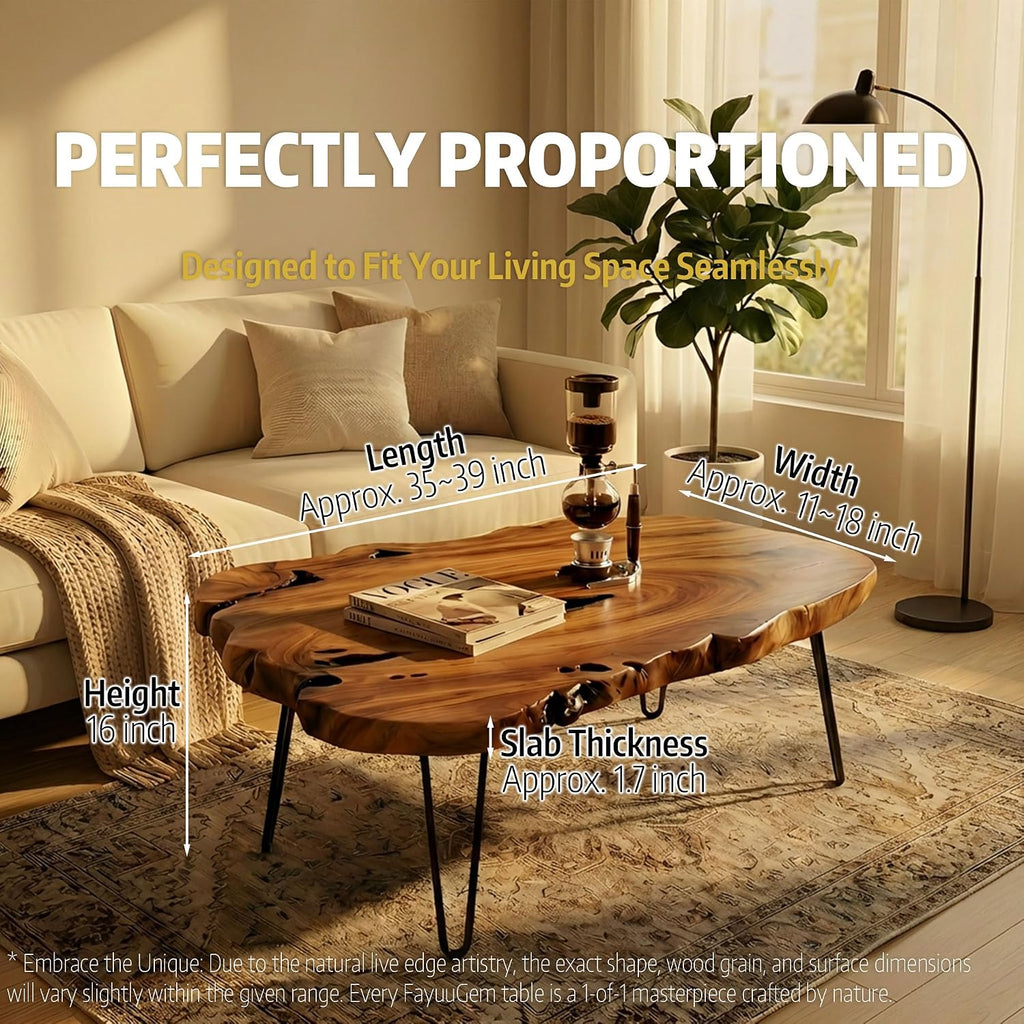 Live Edge Coffee Table, Large Natural Wood Coffee Table for Living Room, Unique Wooden Table with Easy Assembly & Solid Wood Construction