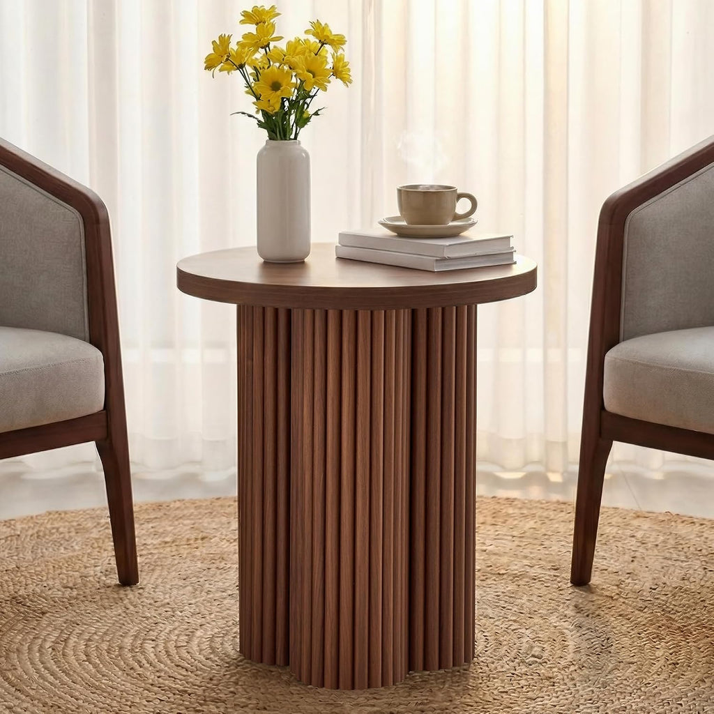 Small Sofa Side Table Set of 2, Fluted Accent Pedestal End Table, Wood Round Night Stand, Farmhouse Bed Side Table Drink Tables for Living Room, Small Spaces (Walnut-2PCS)