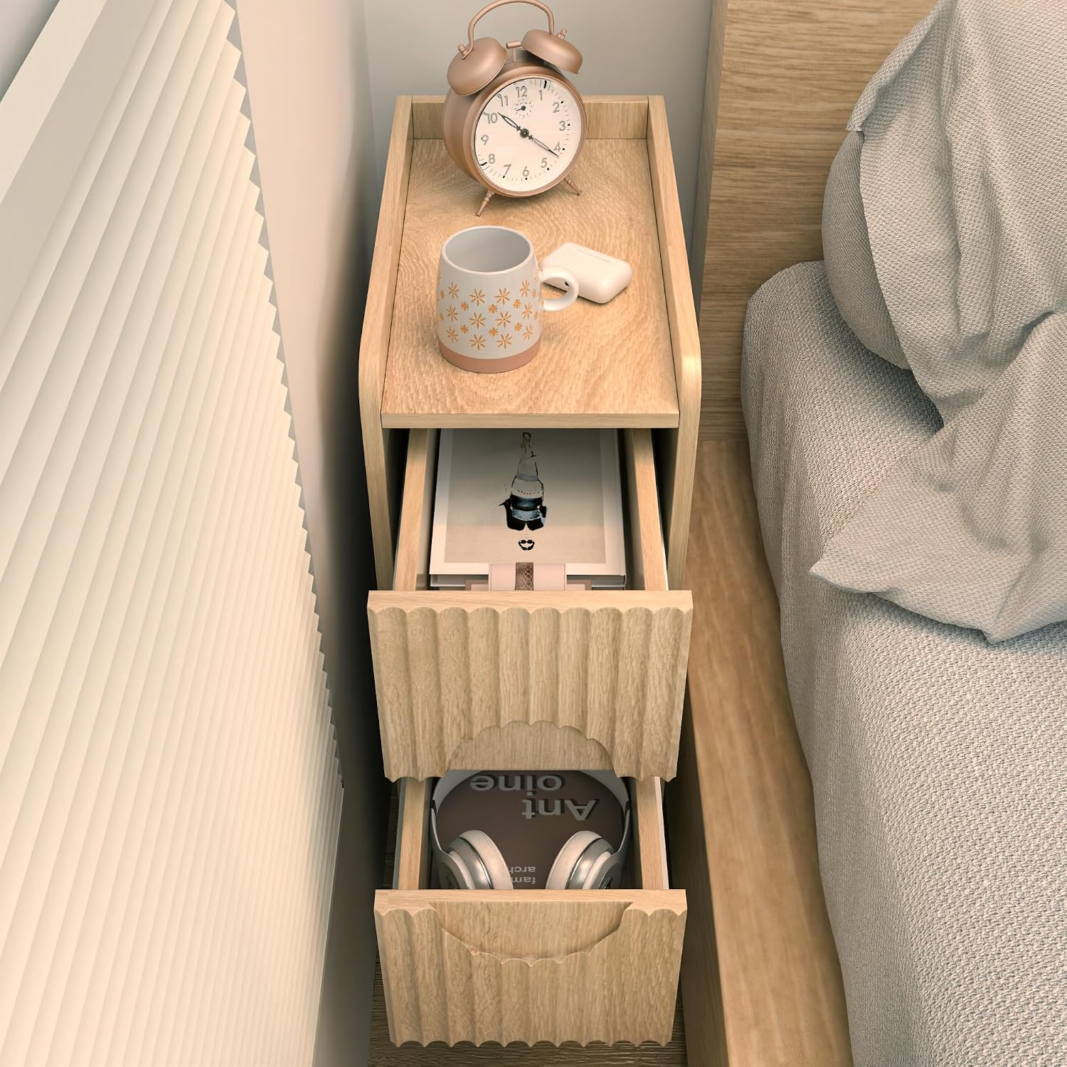 Small Fluted Nightstand Set of 2, Wood 2 Drawer Narrow Nightstand, Slim Side Table, Modern Boho End Bedside Table, Natural Wood Night Stand with Drawers for Bedroom, Living Room, Natural