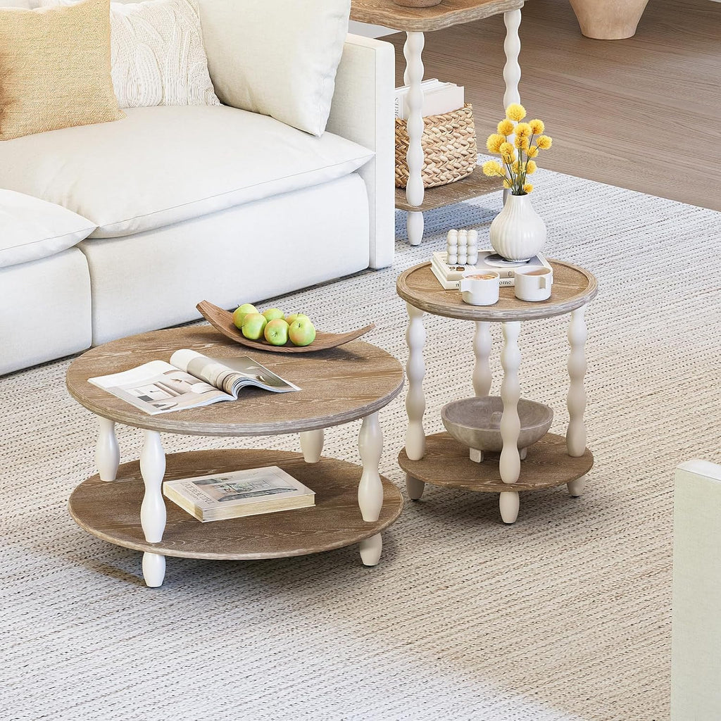 karlott Farmhouse Coffee Table, 30.3' Round Coffee Tables for Living Room, Solid Wood Veneer 2-Tier Center Table with Storage Shelf, Pine Leg, Boho Rustic, Easy Assembly, Cream Beige
