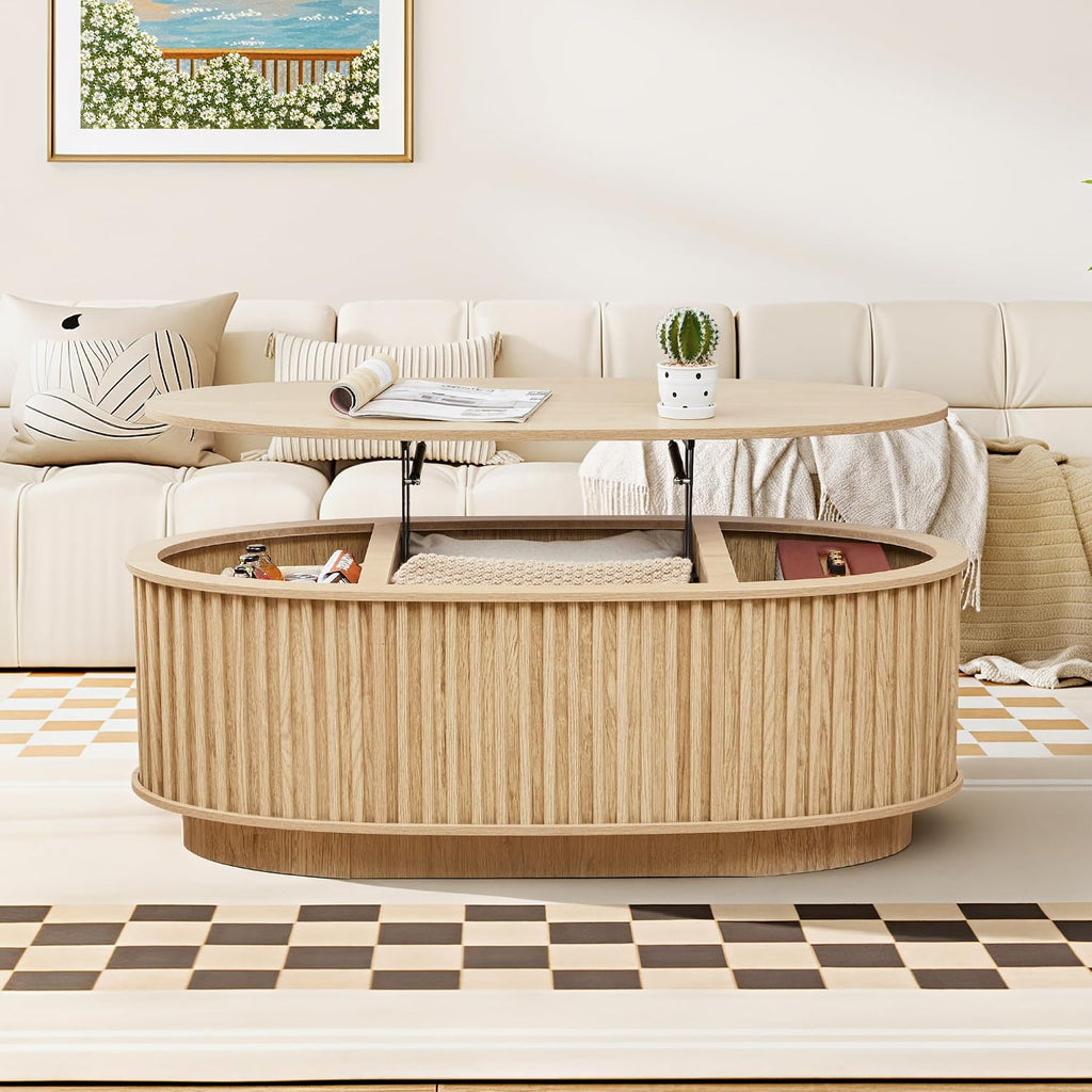 Oval Coffee Table, 43.3'' Fluted Lift Top Coffee Table with Hidden Storage Compartment, Mid Century Modern Dining Table Wooden Center Table for Living Room, Office, Small Spaces (Natural)