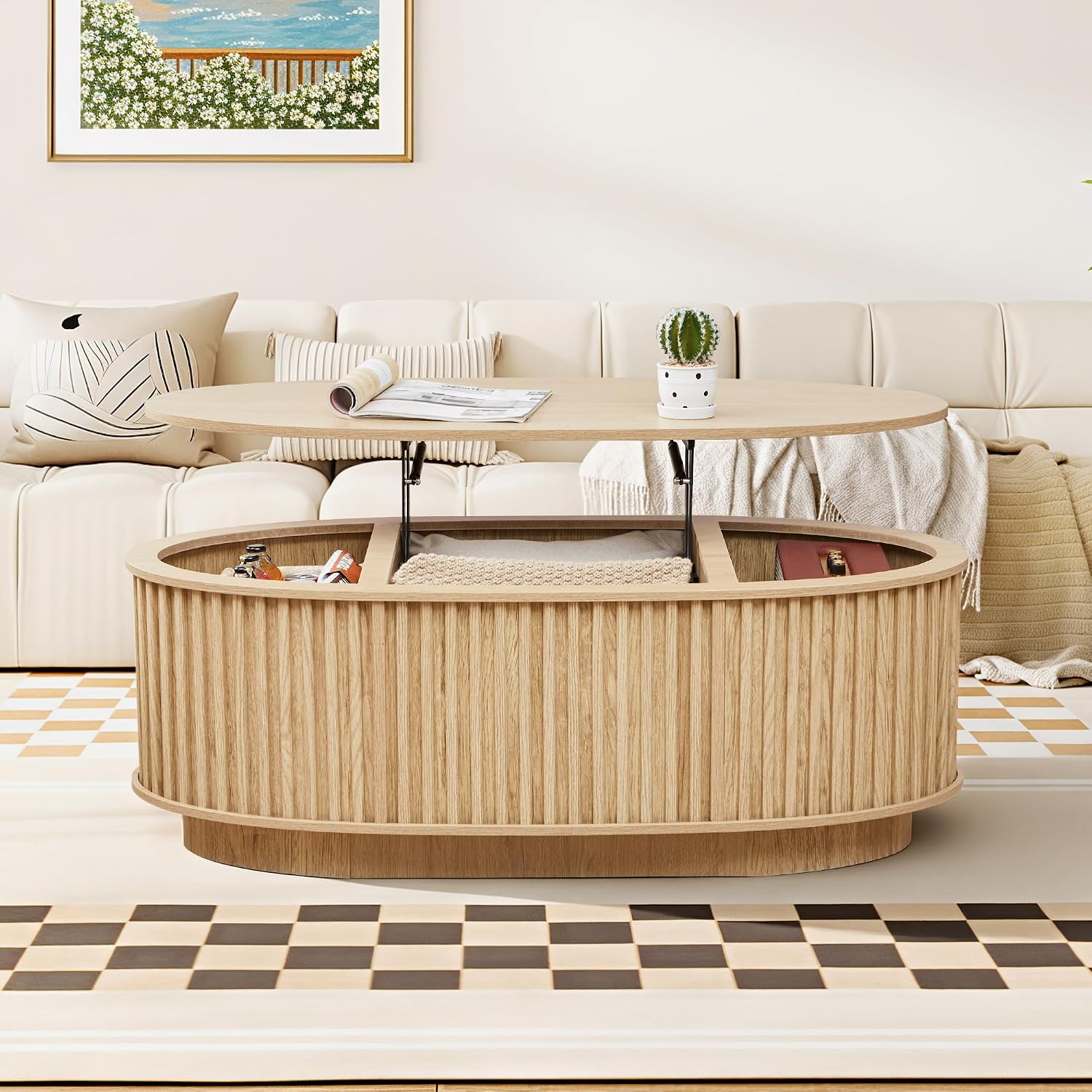 Oval Coffee Table, 43.3'' Fluted Lift Top Coffee Table with Hidden Storage Compartment, Mid Century Modern Dining Table Wooden Center Table for Living Room, Office, Small Spaces (Natural)