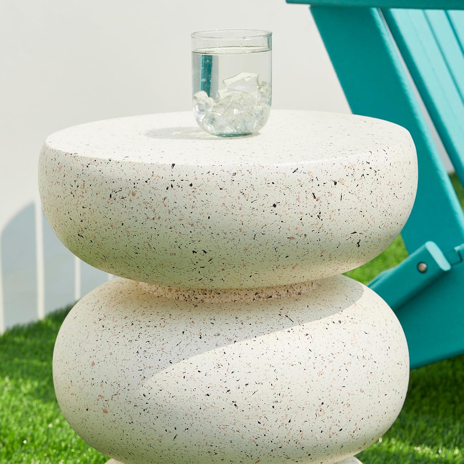 Glitzhome Outdoor Side Table, 18' H Decorative Garden Stool MGO Faux Terrazzo End Table, Heavy Duty Indoor Outdoor Round Planter Stand for Living Room Bedroom Patio Deck Poolside,White