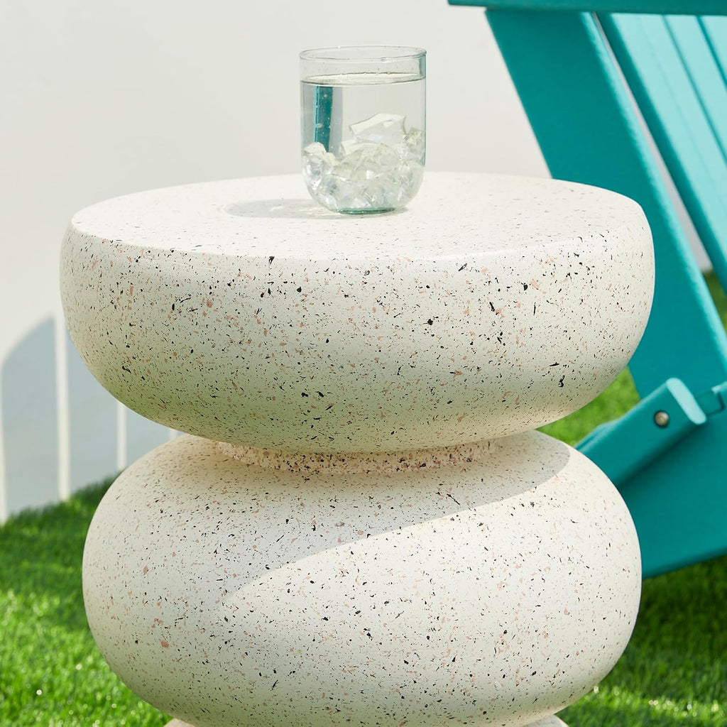 Glitzhome Outdoor Side Table Set of 2, 18' H Decorative Garden Stool MgO Faux Terrazzo End Table, Heavy Duty Indoor Outdoor Round Planter Stand for Living Room Bedroom Patio Deck Poolside,White
