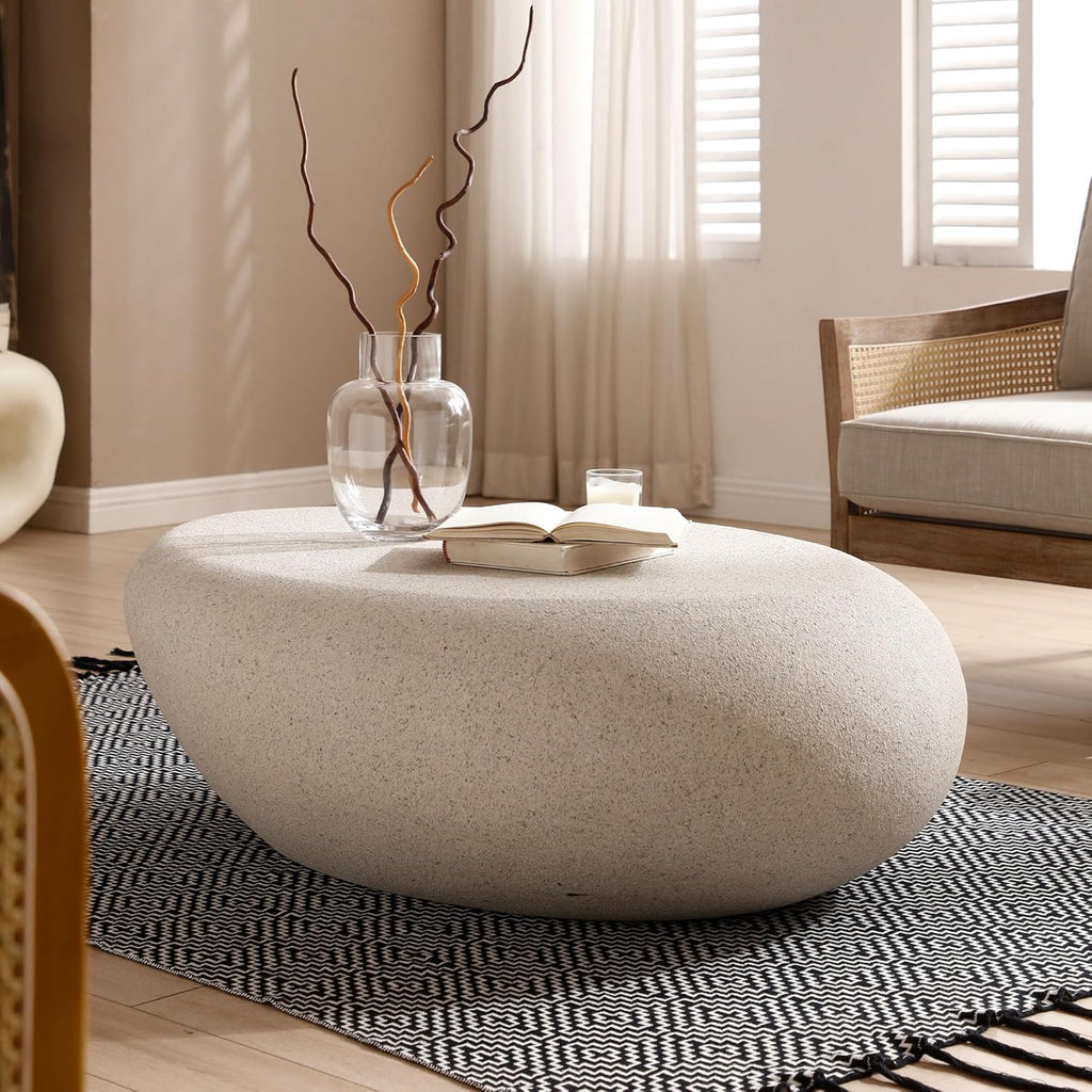43.3' Oval Coffee Table for Living Room, Modern Faux Stone Center Table, Minimalist Accent Fiberglass Tea Table for Office Apartment, No Need Assembly, Cream White