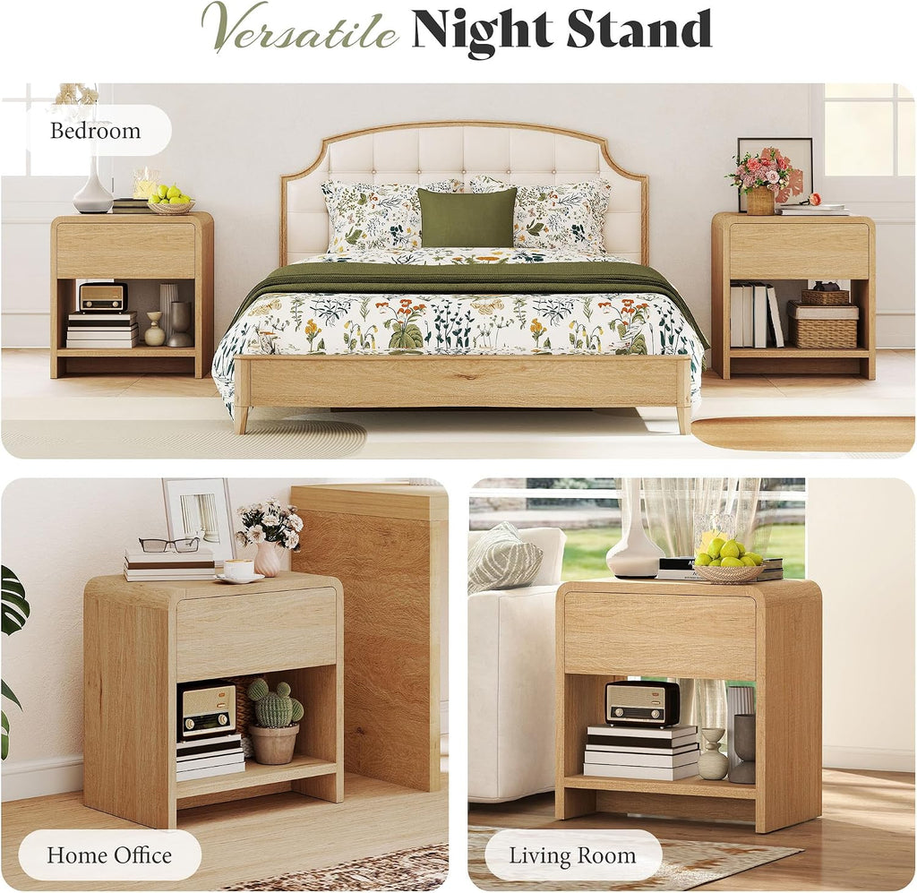 AMERLIFE Modern Night Stand Set 2 with Storage Drawer & Open Shelves, 24' Round Bedside Table Nightstand with Curved Top Corners for Bedroom Living Room Sofa Office, End Table for Small Spaces, Oak