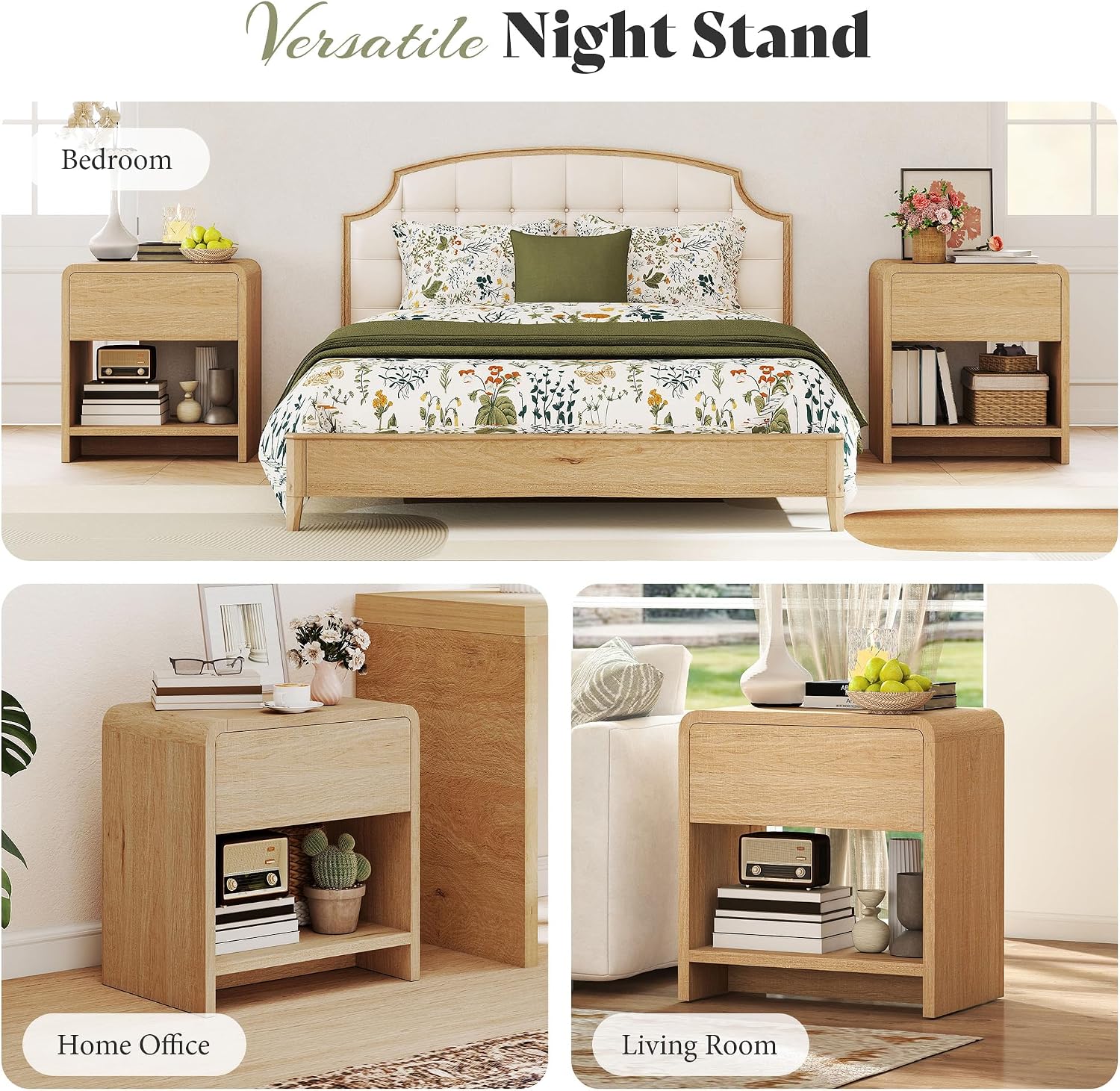 AMERLIFE Modern Night Stand Set 2 with Storage Drawer & Open Shelves, 24' Round Bedside Table Nightstand with Curved Top Corners for Bedroom Living Room Sofa Office, End Table for Small Spaces, Oak