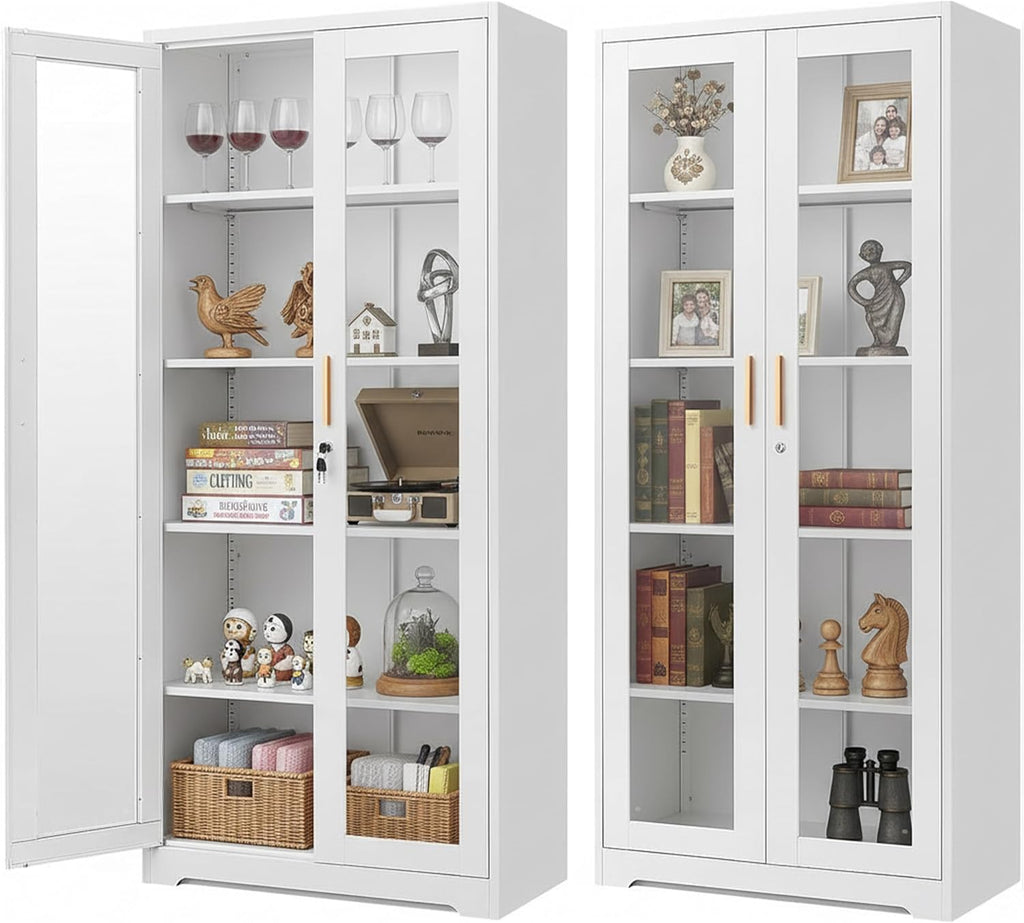 Curio Display Cabinet with Glass Doors,71'H Metal Display Case with 4 Adjustable Shelves, White China Storage Cabinet for Collectibles, Trophies & Liquor - Locking Tall Glass Cabinet for Home