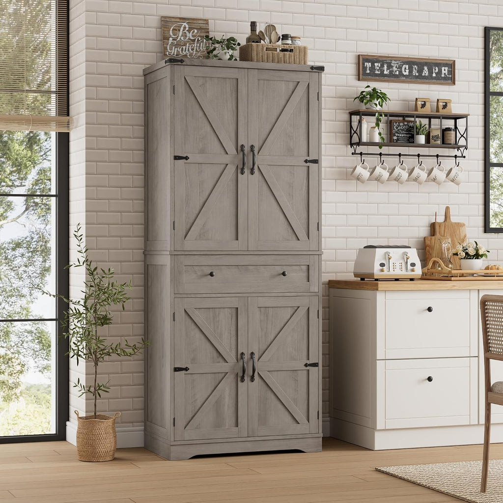 HOSTACK 71' Tall Pantry Cabinet, Farmhouse Kitchen Pantry with Storage Shelves, Barn Doors Food Storage Cabinet, Freestanding Kitchen Hutch with Large Drawer for Dining Room, Living Room, Ash Gray
