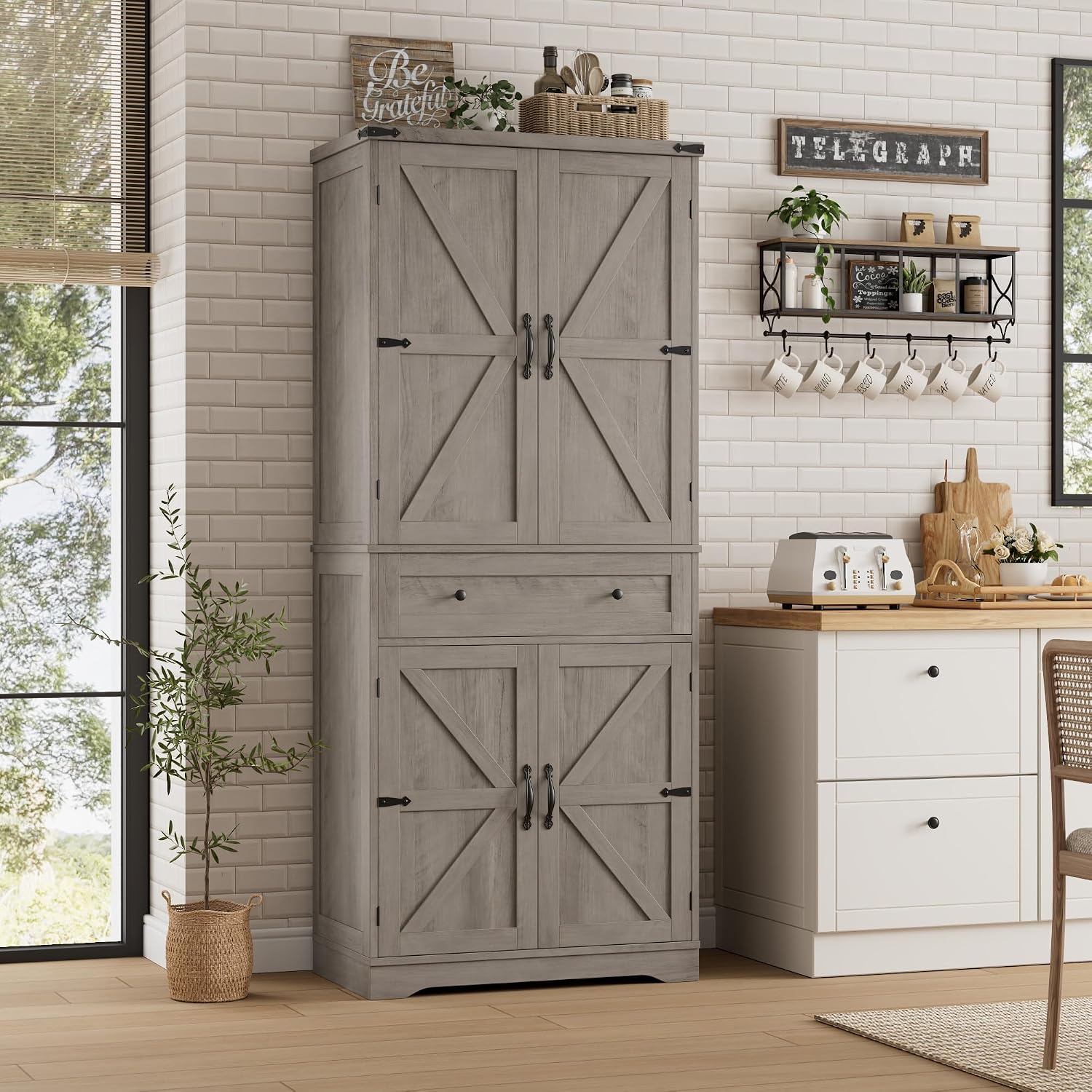 HOSTACK 71' Tall Pantry Cabinet, Farmhouse Kitchen Pantry with Storage Shelves, Barn Doors Food Storage Cabinet, Freestanding Kitchen Hutch with Large Drawer for Dining Room, Living Room, Ash Gray