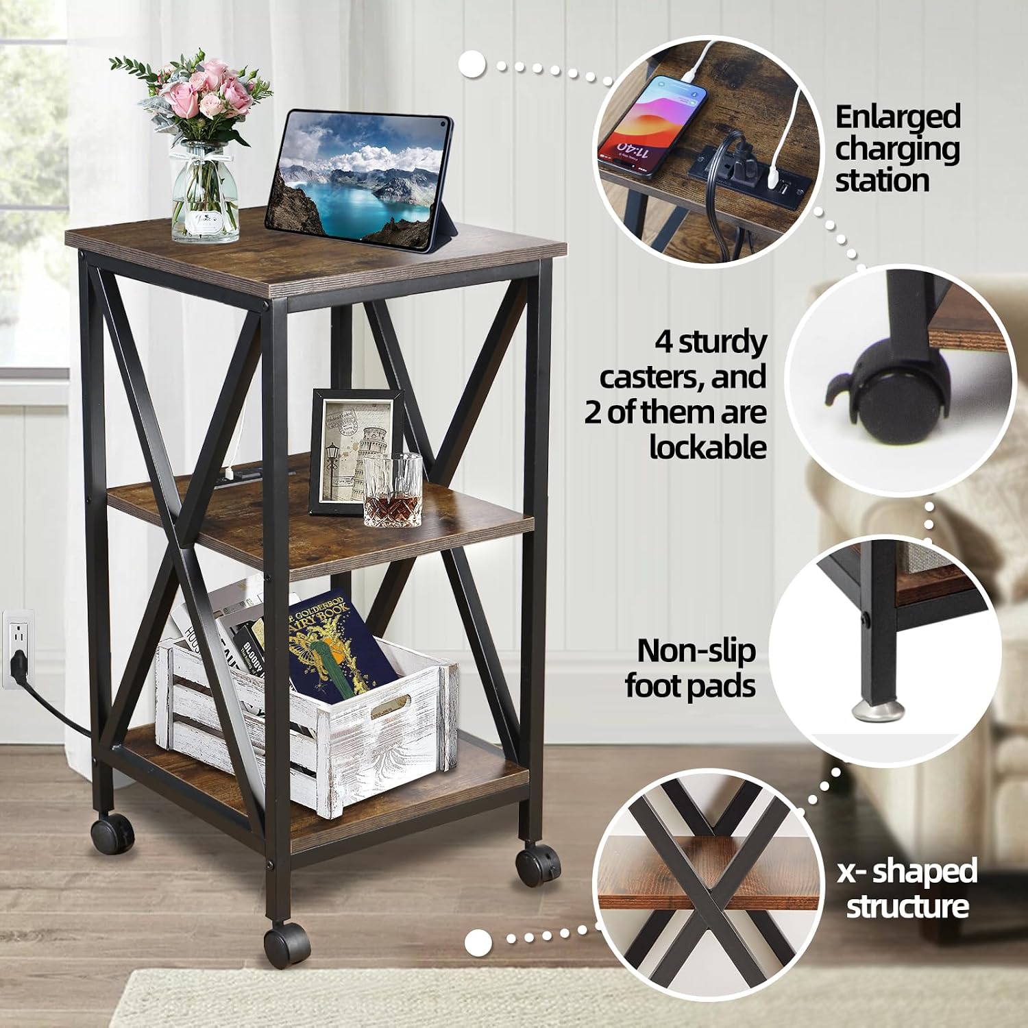 End Tables Living Room Set of 2, Square End Table with Charging Station, 16' D X 16' W X 28' H, Wood and Metal Table with USB Ports and Outlets, Side Table with Wheels for Living Room, Bedroom