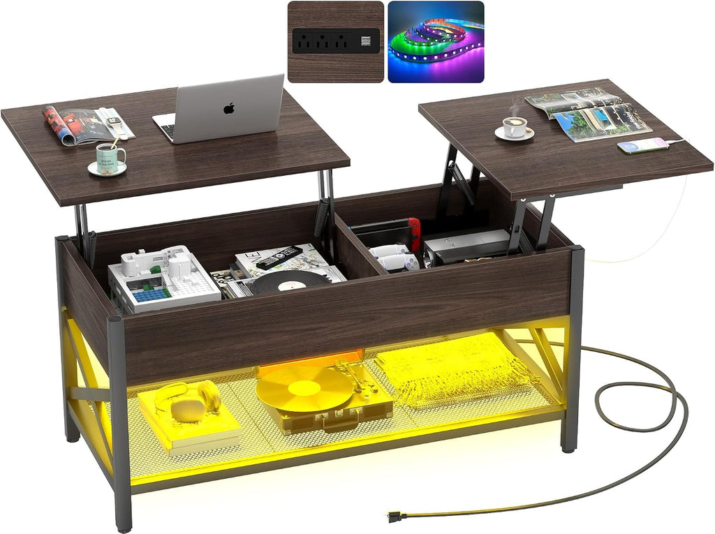 Aheaplus Coffee Table, Lift Top Coffee Table with LED light and Power Outlet, Modern Lift-Top Table with Storage Shelf, Center Table for Living Room with Lift Tabletop, X Support Metal Frame, Espresso
