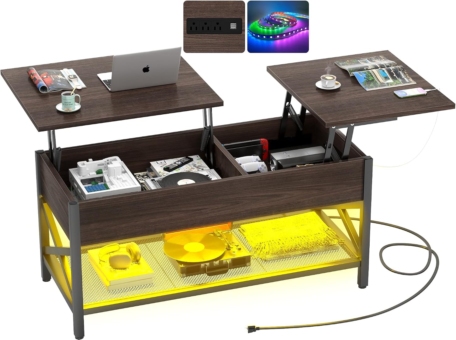 Aheaplus Coffee Table, Lift Top Coffee Table with LED light and Power Outlet, Modern Lift-Top Table with Storage Shelf, Center Table for Living Room with Lift Tabletop, X Support Metal Frame, Espresso
