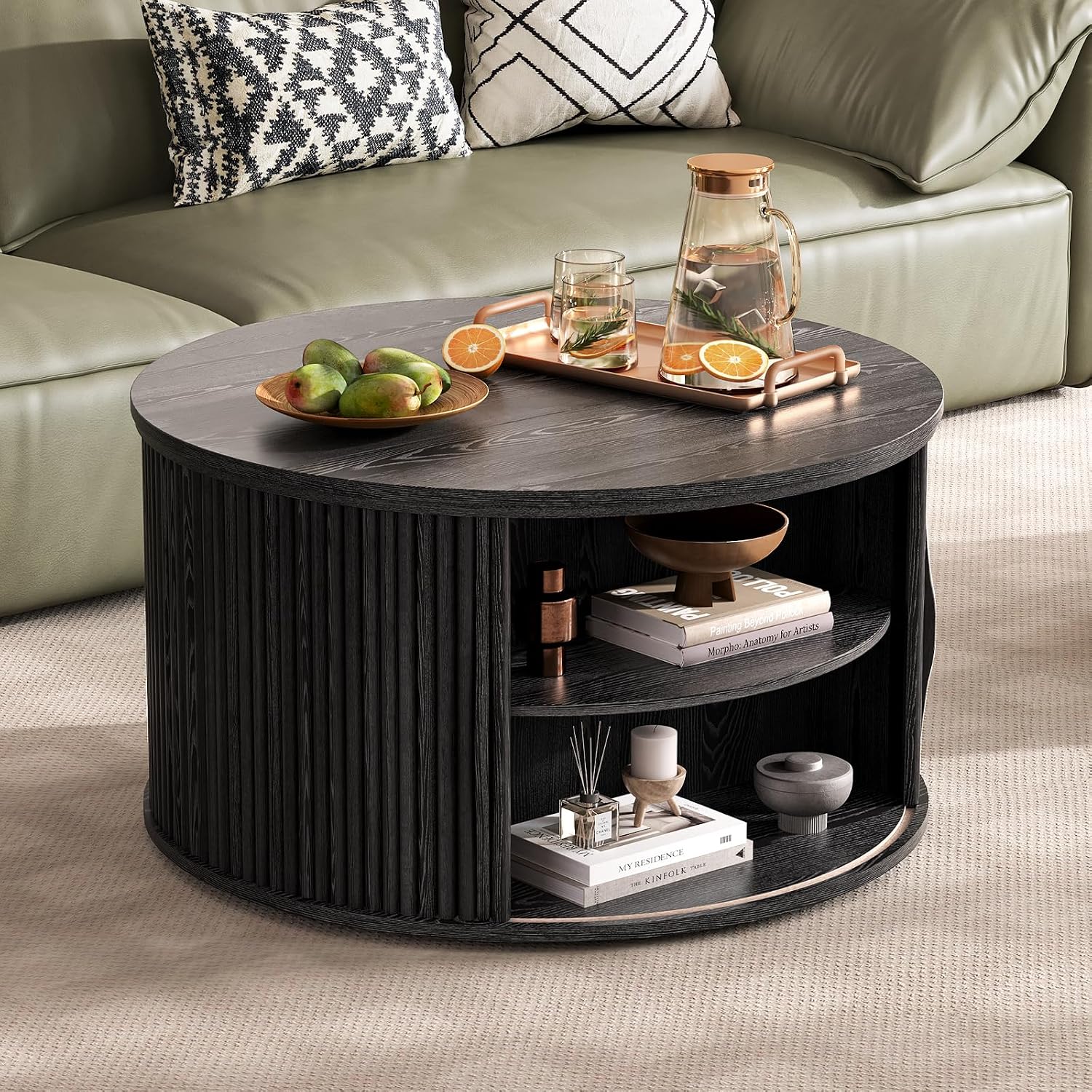 Round Lift Top Coffee Table, 31.5' Mid Century Modern Center Table with Hidden Storage, Fluted Circle Coffee Tables for Living Room, Home Office, Black