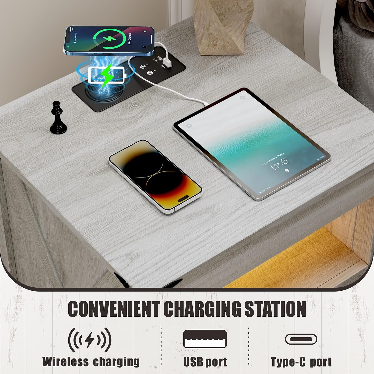Grey Night Stand Set 2 with Gun Drawer, Bedside Table with Charging Station, LED Nightstand with Human Sensor Light, Farmhouse End Table for Bedroom Living Room
