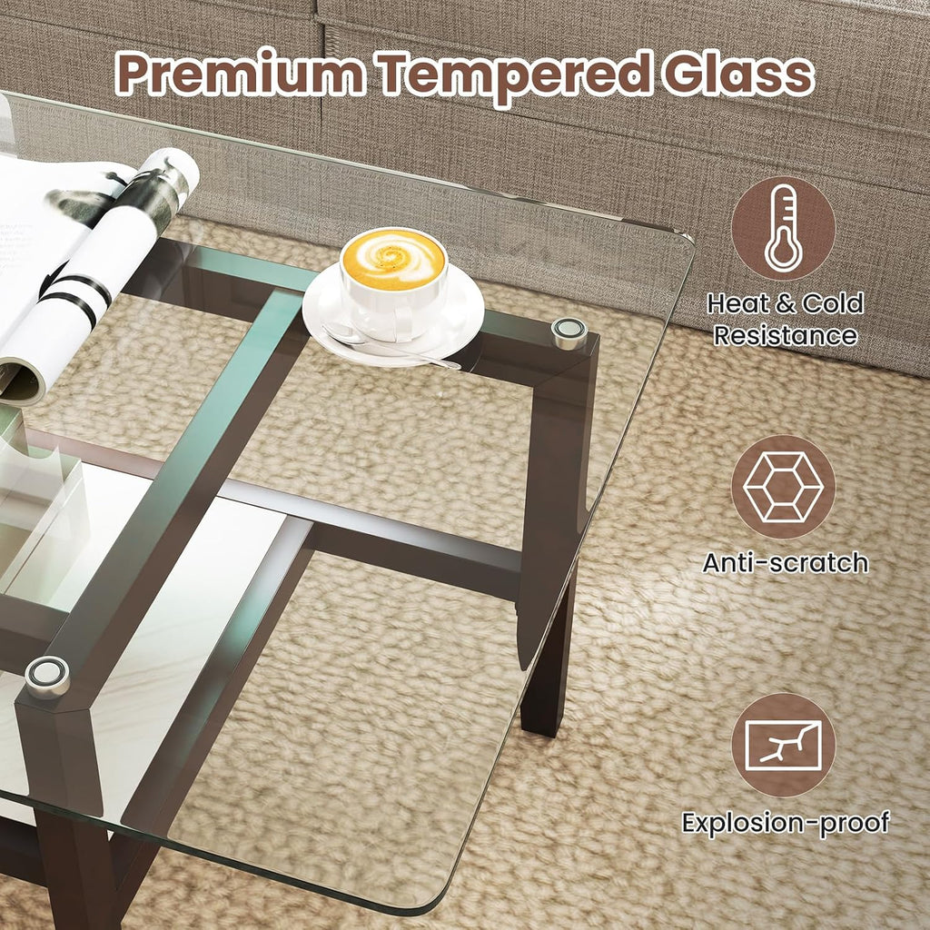 Giantex Glass Coffee Table, 42 Inch 2-Tier Rectangular Cocktail Table with Storage Shelf & Solid Rubber Wood Legs, Modern Center Table for Living Room, Home Office, Brown