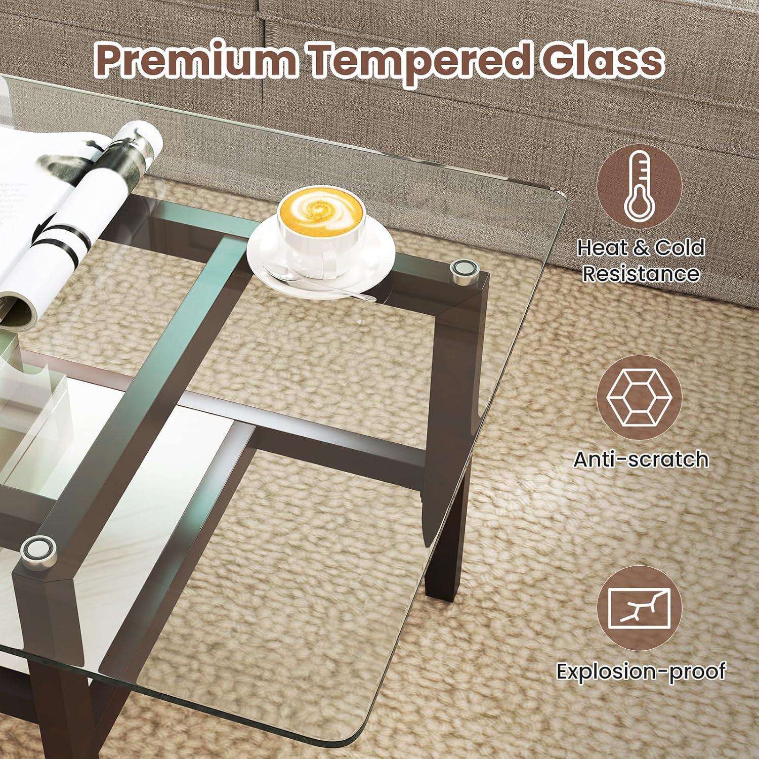 Giantex Glass Coffee Table, 42 Inch 2-Tier Rectangular Cocktail Table with Storage Shelf & Solid Rubber Wood Legs, Modern Center Table for Living Room, Home Office, Brown
