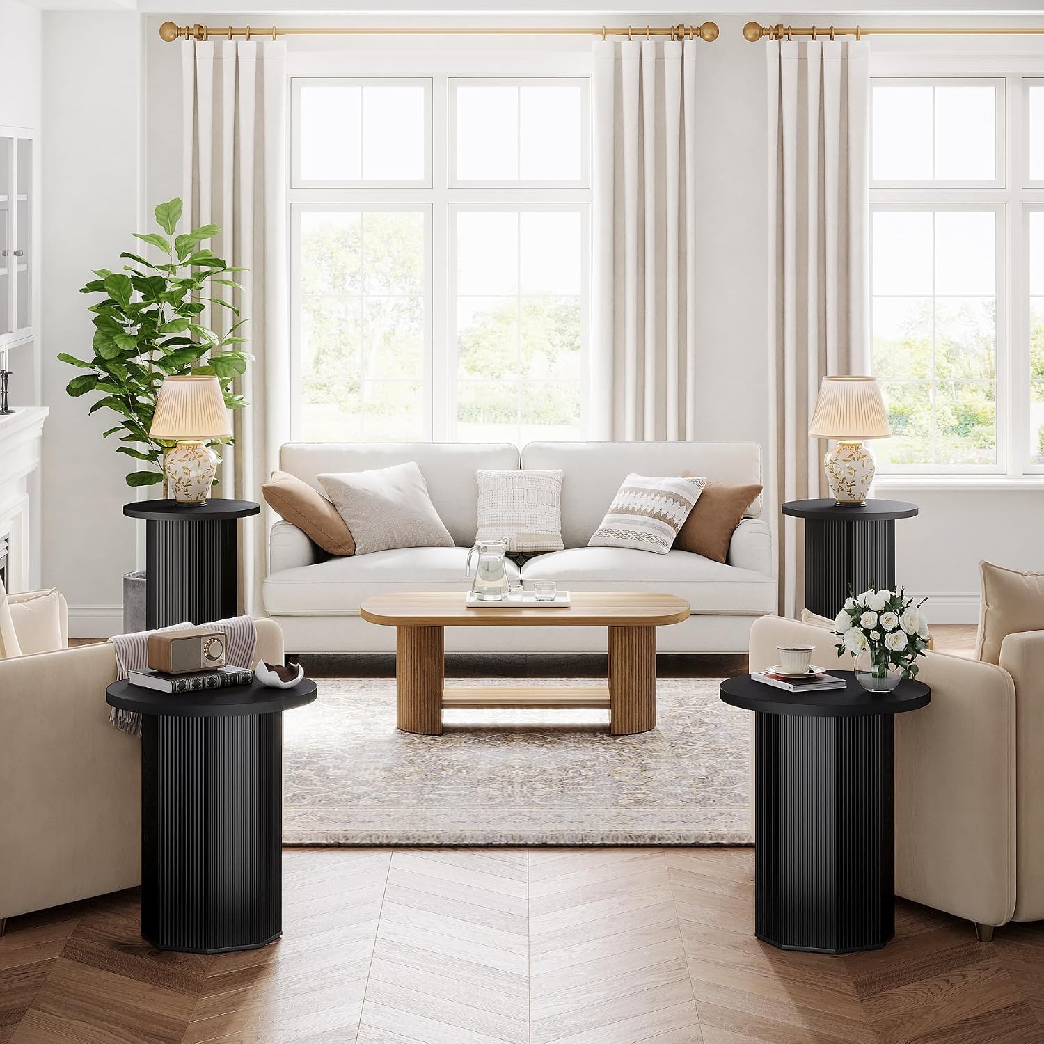 Tribesigns 2pcs Round Pedestal End Table, Farmhouse Side Table with Fluted Base, Wooden Accent Tables for Small Space, Couch, Living Room (2, Black)