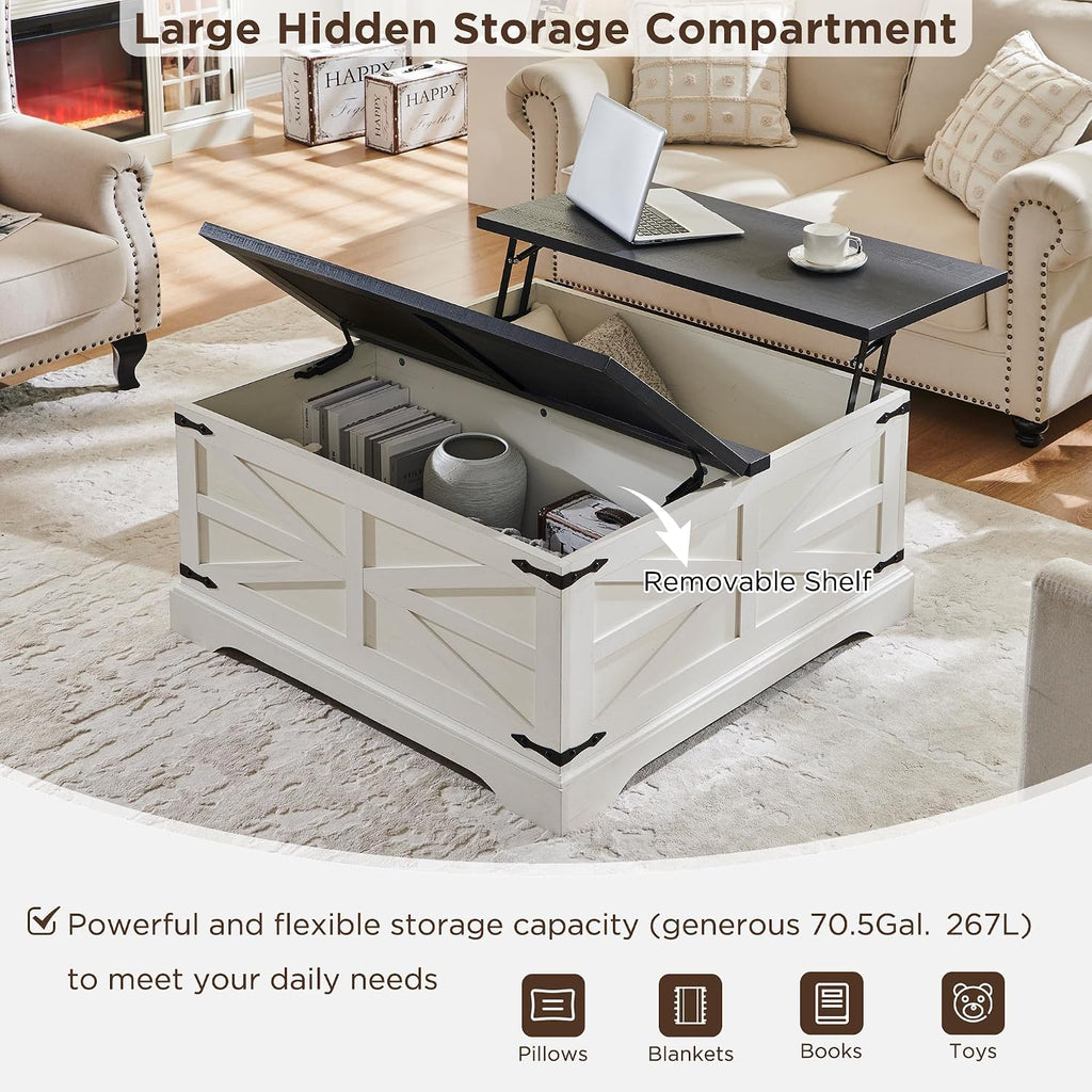 JXQTLINGMU 36' Lift Top Coffee Table with Storage, Farmhouse Square Center Table with Large Hidden Compartment, Wood Lift Tabletop Dining Table for Home Living Room, White