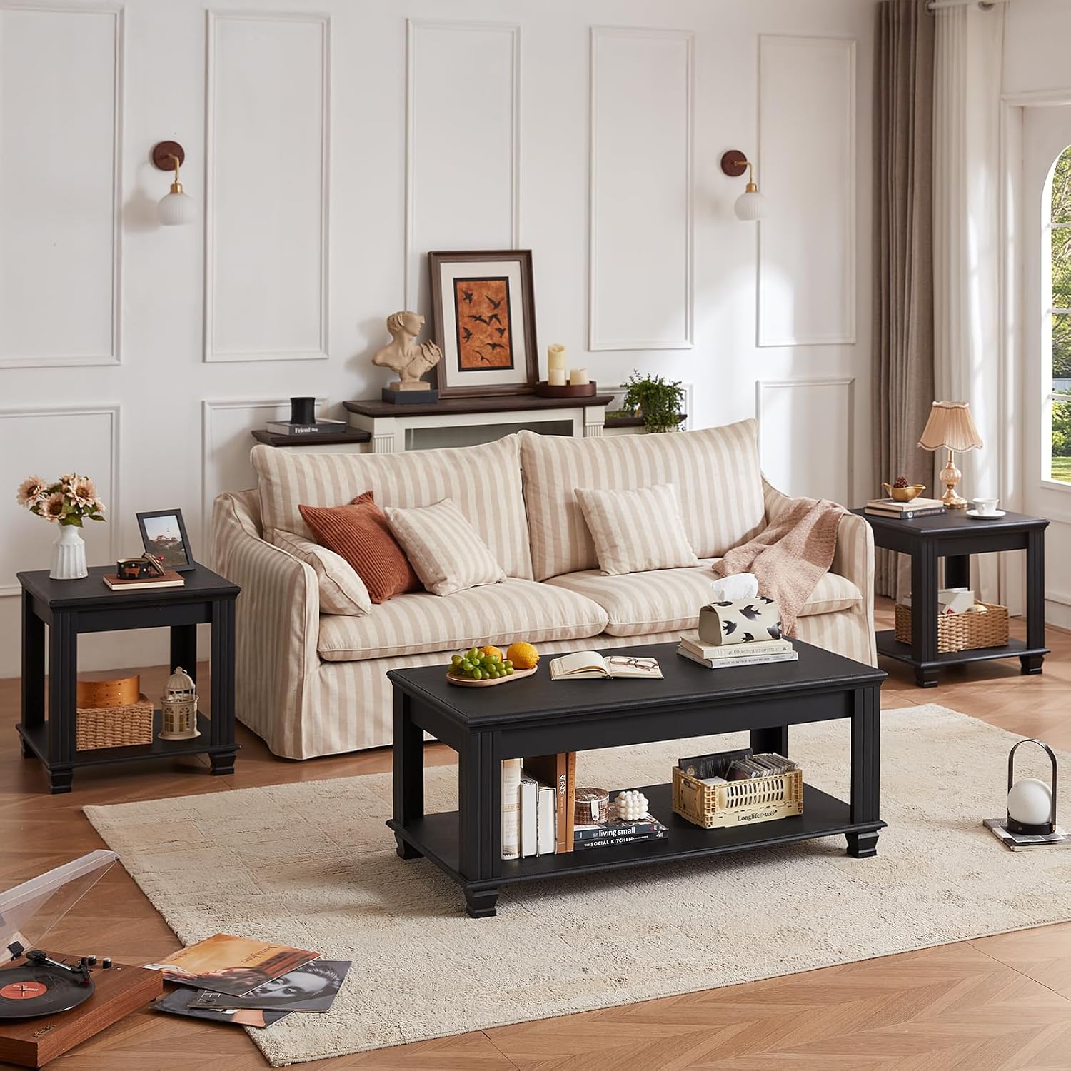 SAVOR LIFE Farmhouse Coffee Tables for Living Room,Square Tea Table with Open Storage Shelf,Large Coffee Table,Rustic Wooden Center Table,Black