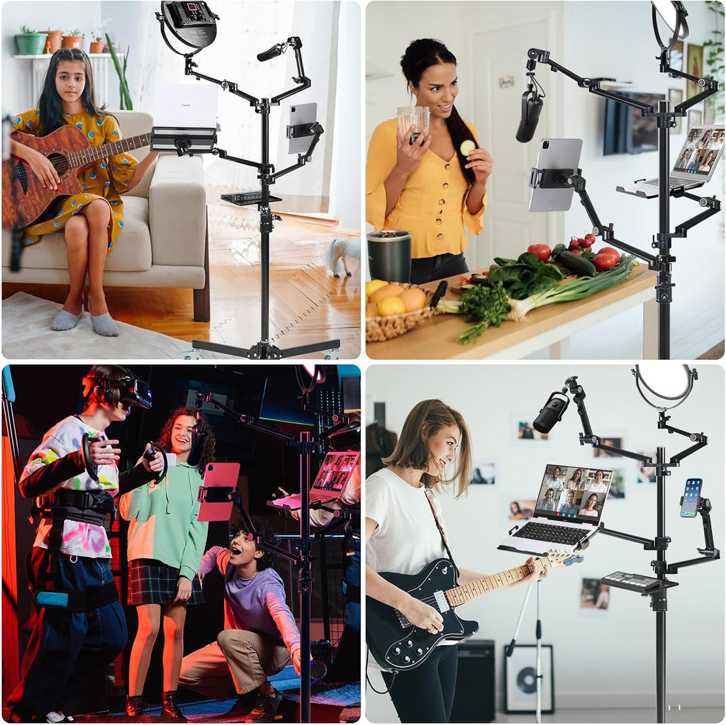 GVM 5-in-1 Movable Live Streaming Floor Stand Kit with Wheels, Overhead Camera Mount with 10' LED Key Light/Mic Boom Arm/Tablet Laptop Phone Stand/Tray for Live Broadcast Podcast Video Recording Game