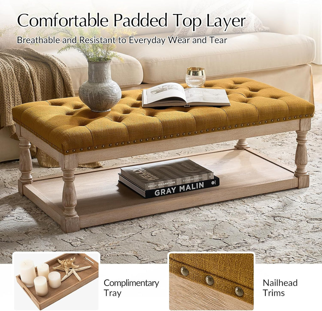 HULALA HOME Rectangle Ottoman Coffee Table with Tray, Tufted Living Room Ottoman with Solid Wood Storage Shelf, Golden