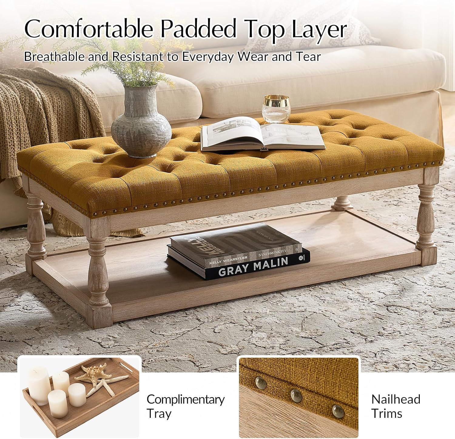 HULALA HOME Rectangle Ottoman Coffee Table with Tray, Tufted Living Room Ottoman with Solid Wood Storage Shelf, Golden