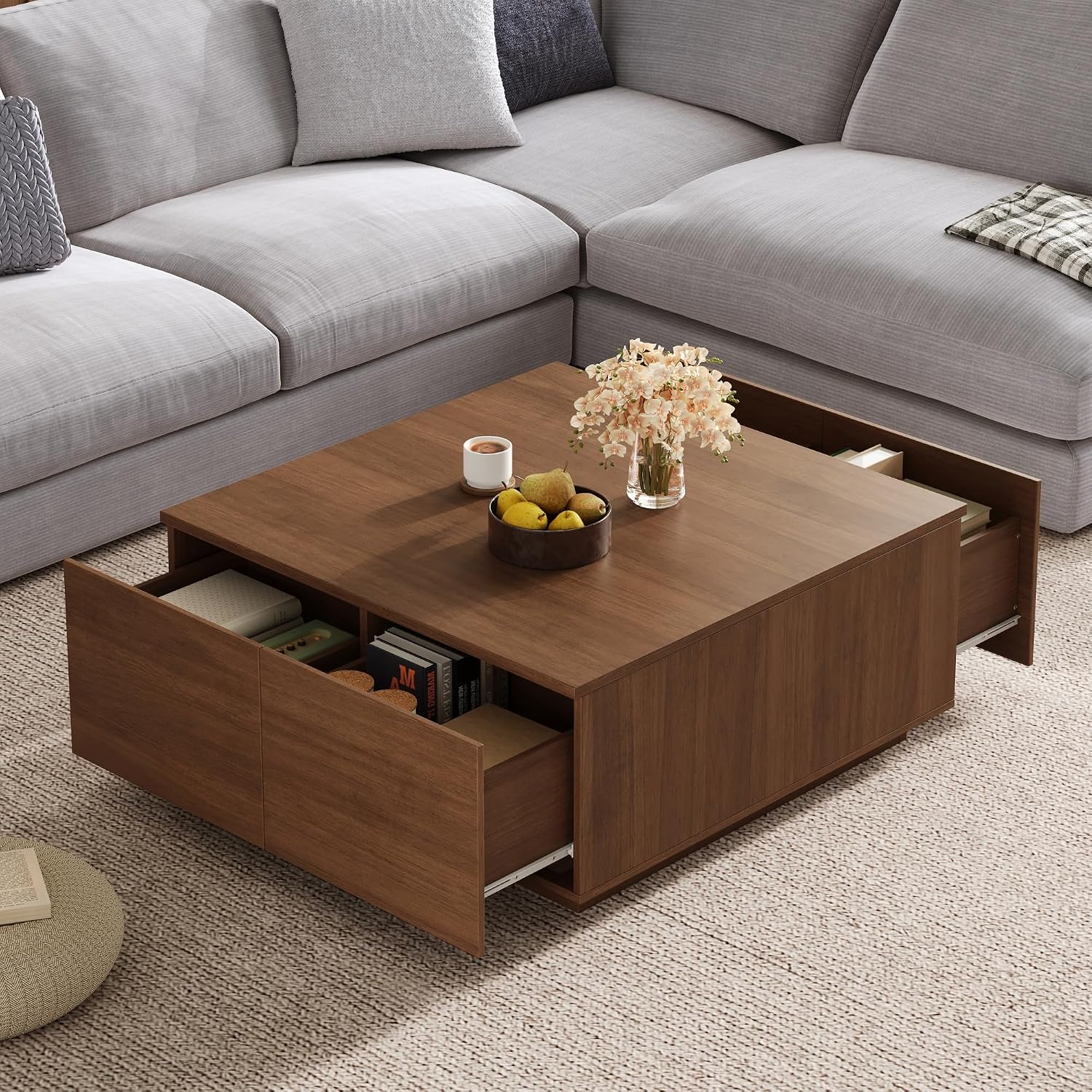 Merax Modern Wood Square Coffee Table with 4 Hidden Storage Drawers, 33.25' Minimalist Center Tables for Living Room, Easy Assembly, Walnut