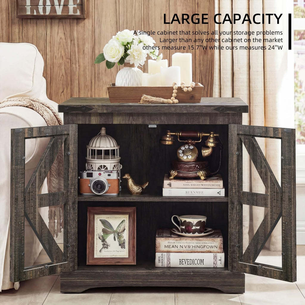 Farmhouse End Table, 24' Large End Tables with Storage, Rustic Square Sofa Beside Table with Glass Barn Door, Wood Side Table Square Nightstand for Living Room, Bedroom, Office (Antique Finish)