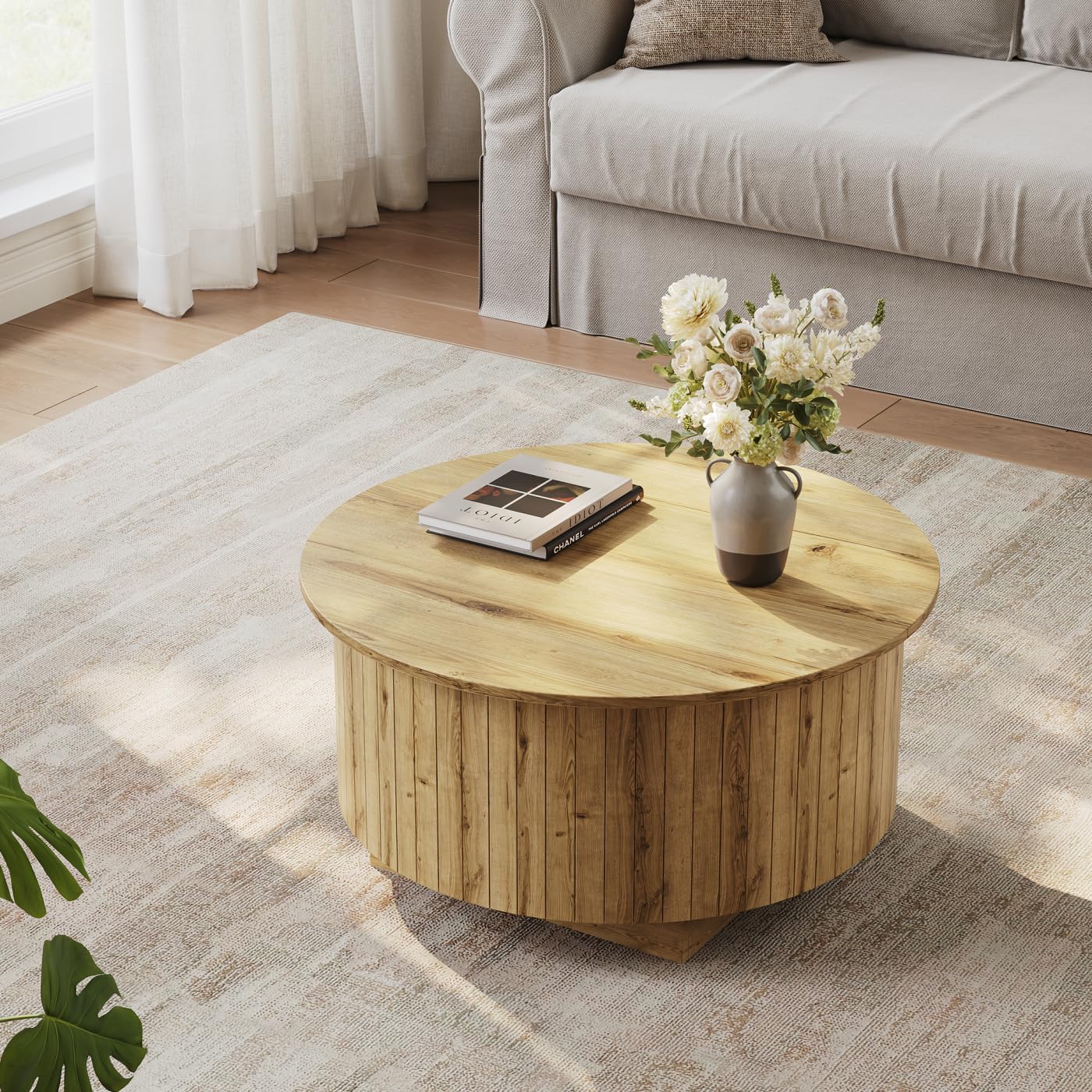 kepptory Round Lift Top Coffee Table with LED Lights, Mid Century Modern Wooden Coffee Tables with 3 Storage Space, Circle Center Table for Living Rooms,Dining Room,Bedroom Home Office,APP LED Lights