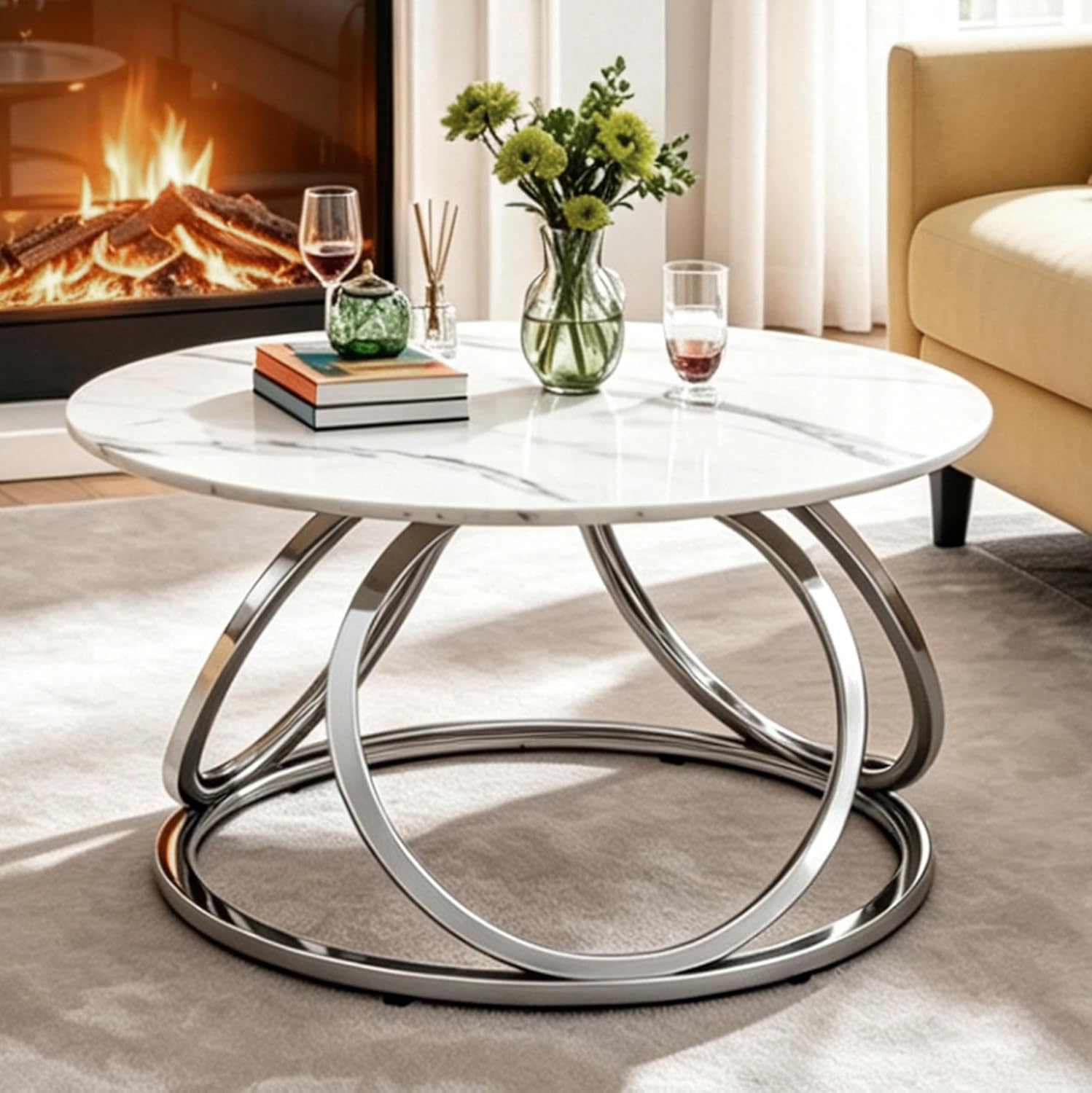 O&K FURNITURE Silver Coffee Table, Round Coffee Table Faux Marble Veins, Modern Center Table with Chrome Finish, for Living Room, Home Office, 1 PC