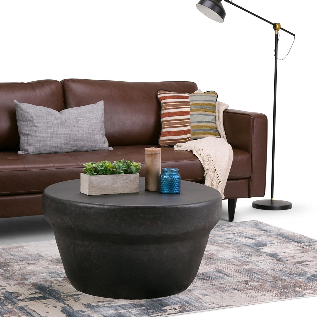 SIMPLIHOME Garvy Metal Coffee Table - 33 inch Wide Solid Metal Round Drum Accent Table in Rustic Bronze, Industrial Living Room Center Table or End Table with Textured Finish, Assembled