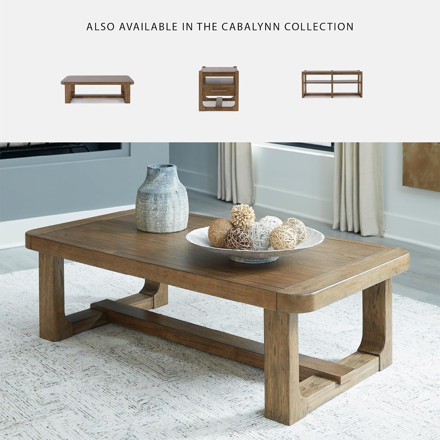 Signature Design by Ashley Cabalynn Modern Coffee Table with Solid Wood Frame, Light Brown