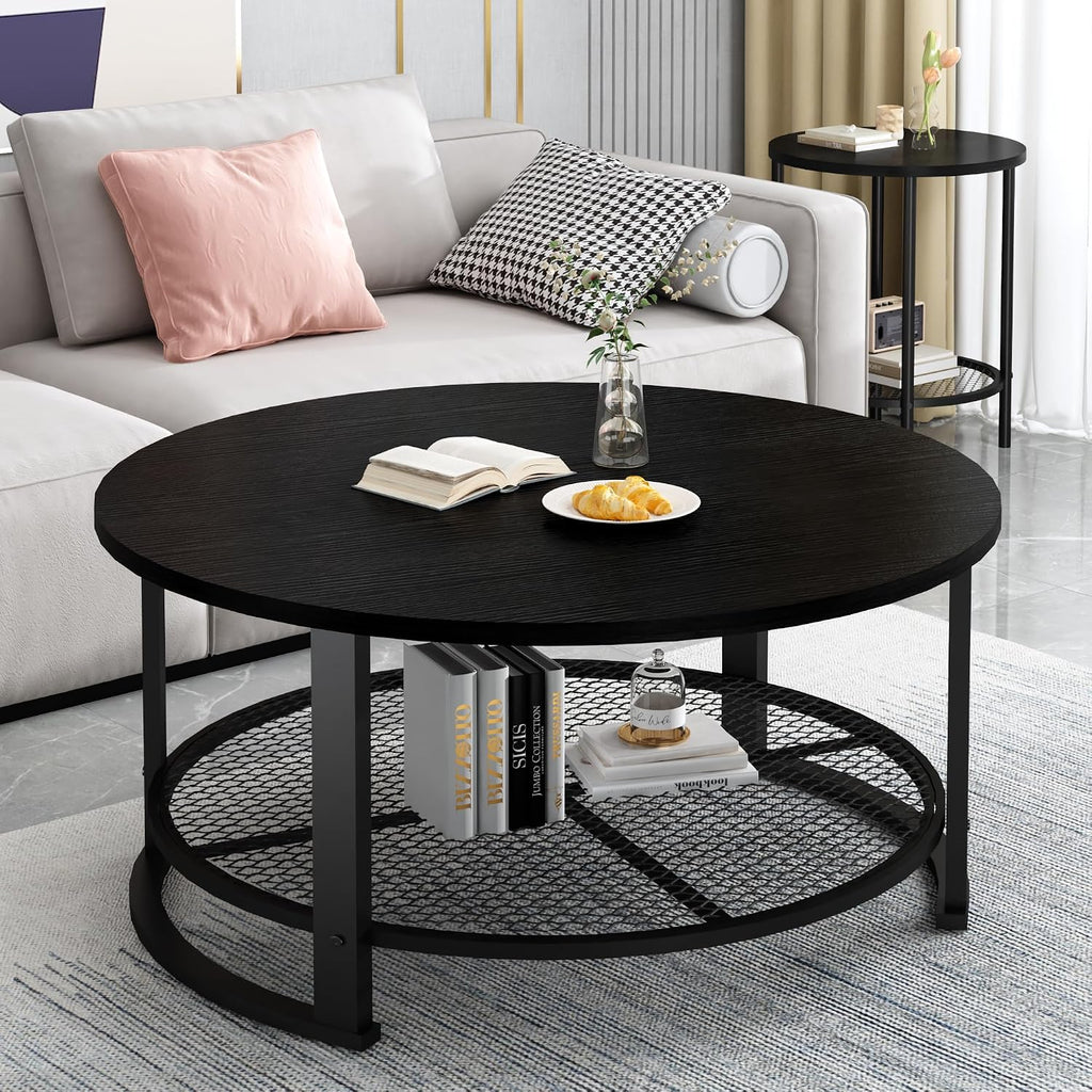Recaceik Round Coffee Table and End Table Set of 3 with Storage, Modern Vintage Black Coffee Table and Side Table for Living Room, Office, Apartment, Small Space