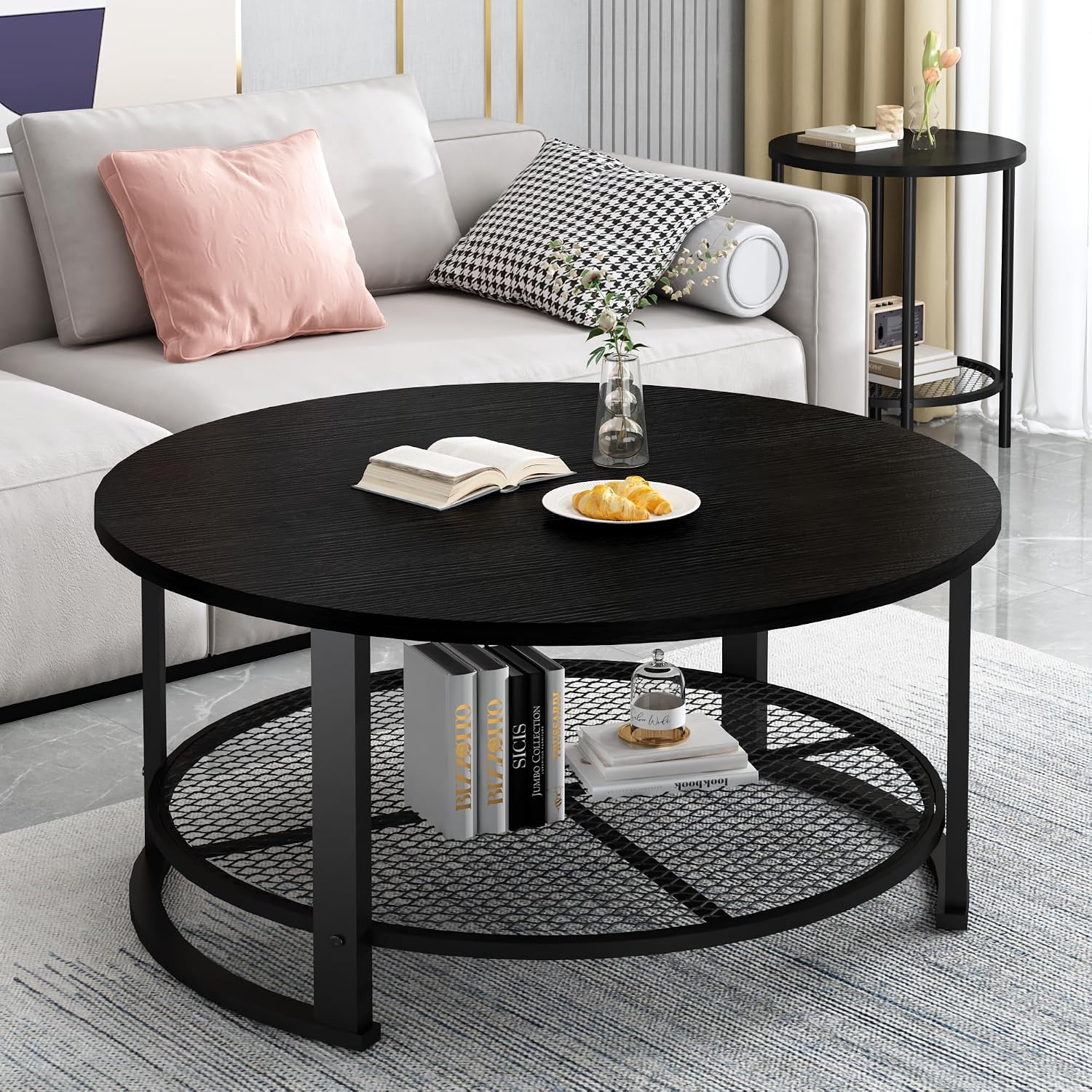 Recaceik Round Coffee Table and End Table Set of 3 with Storage, Modern Vintage Black Coffee Table and Side Table for Living Room, Office, Apartment, Small Space